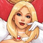 Close up on Emma Frost's face as she sits on a throne on the cover of Emma Frost: White Queen #1