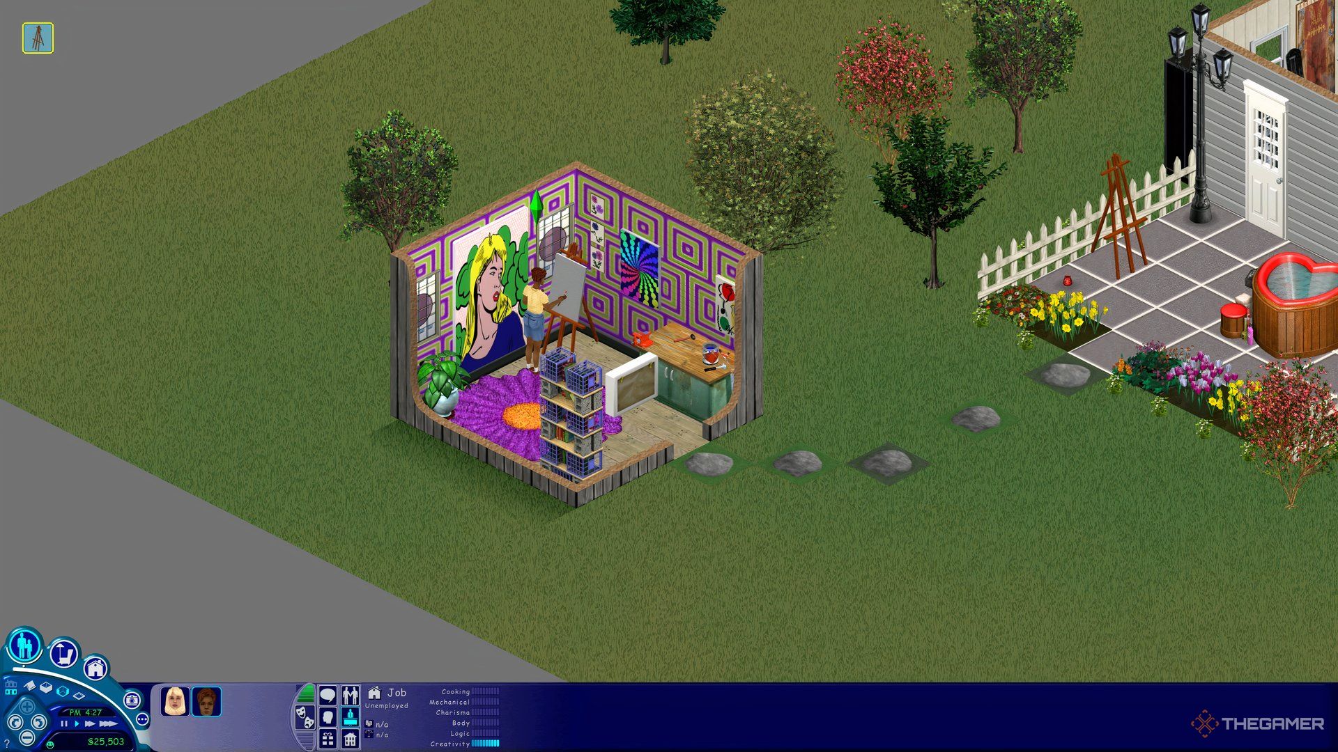 Melissa Roomies in The Sims 1 in an art studio with an easel and workbench.