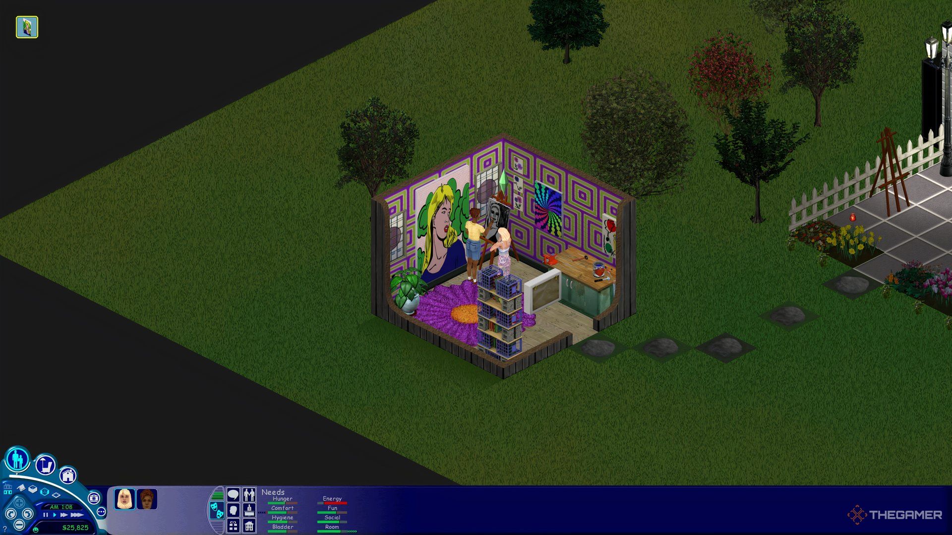 The Roomies in The Sims 1 painting in an art studio with other equipment.