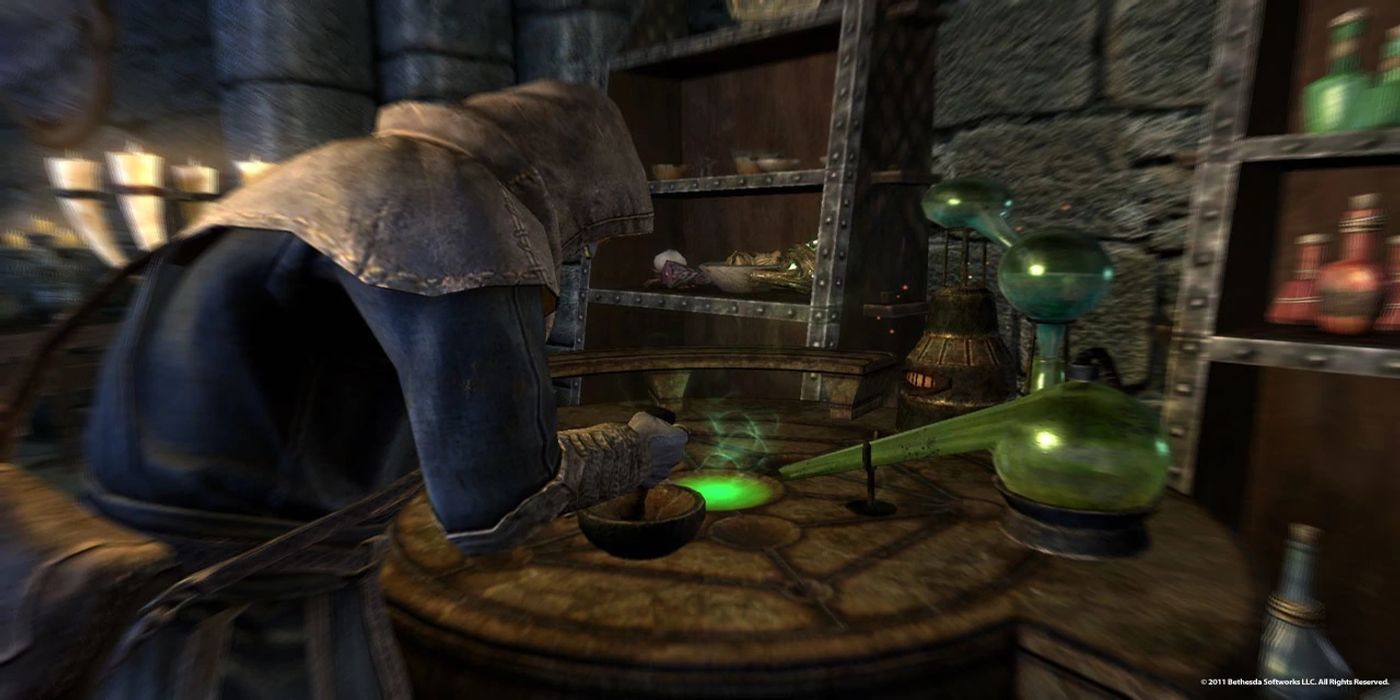 Skyrim player mixing potions at alchemy lab
