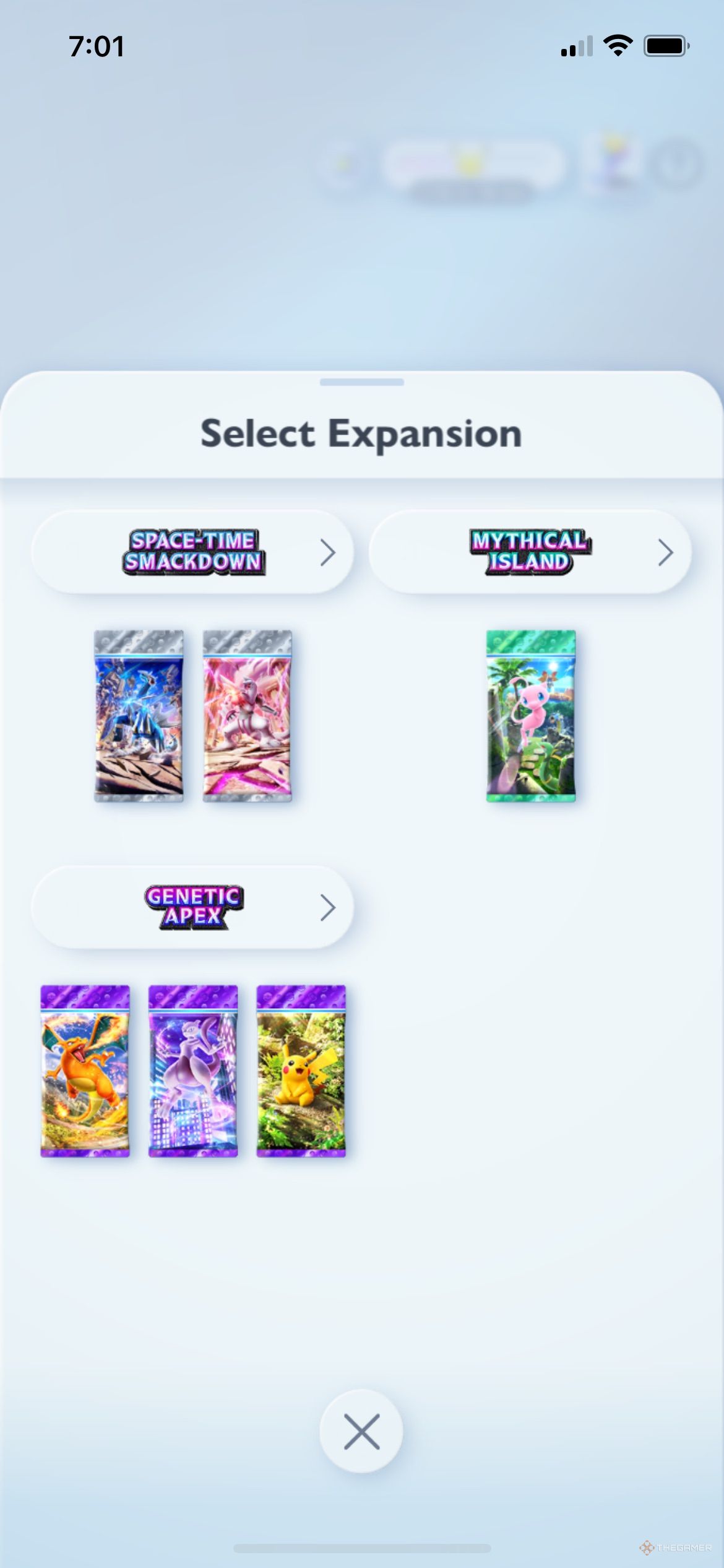 Pokemon Trading Card Game Pocket Expansion pack selection screen showing Space-Time Smackdown, Mythical Island, and Genetic Apex and their booster packs.