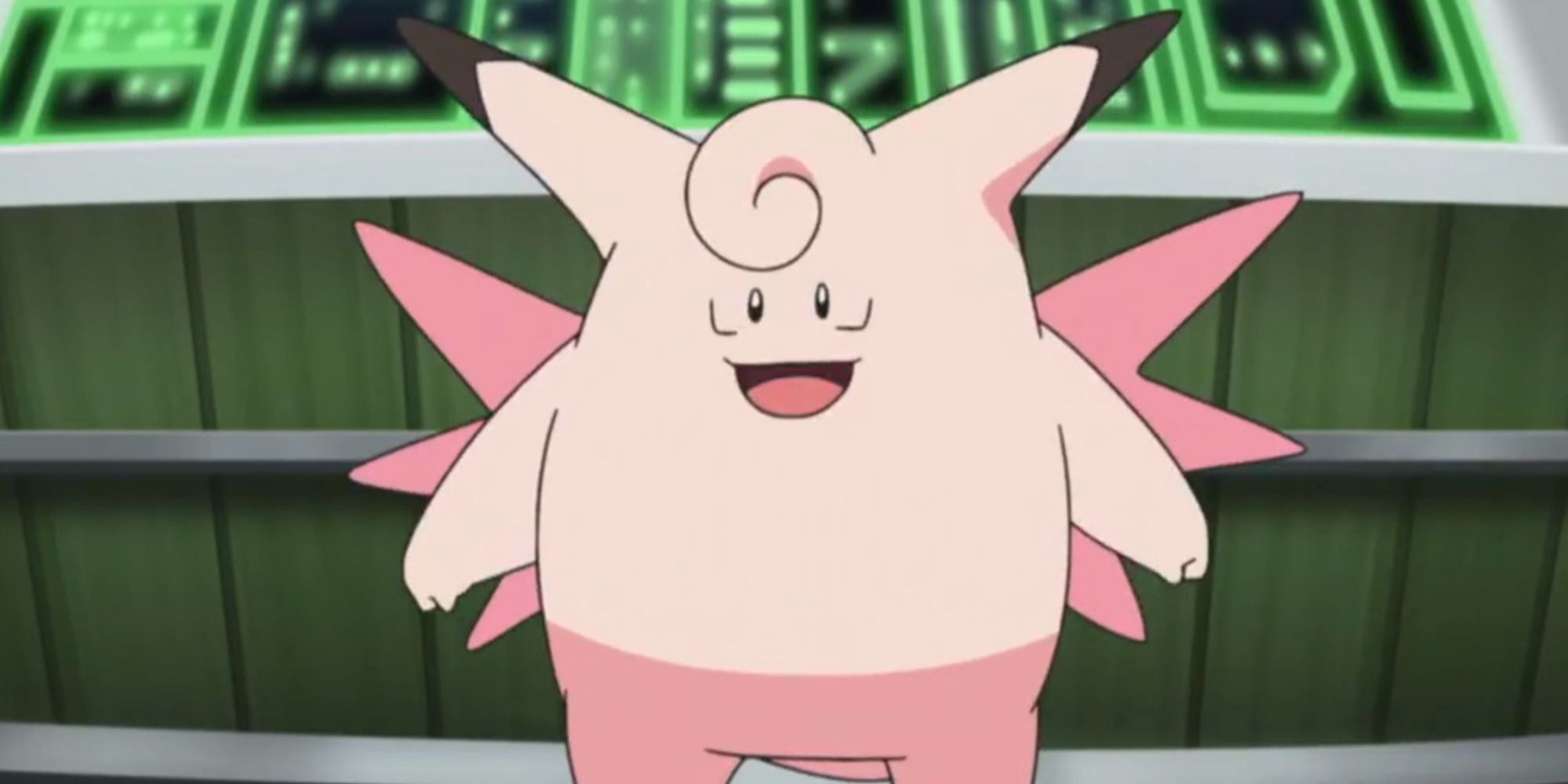 Clefable stands awkwardly in the Pokemon anime.