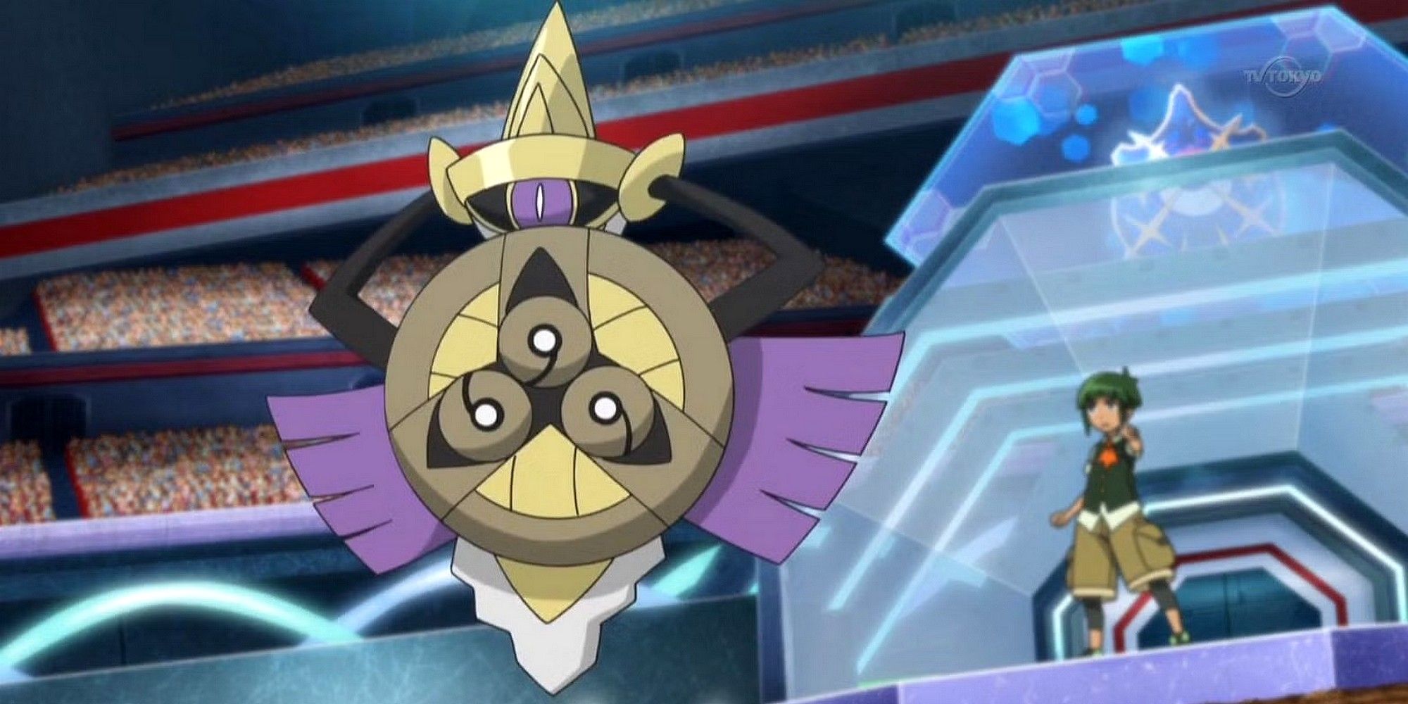 Aegislash prepares for battle in Shield Forme in the Pokemon Anime.