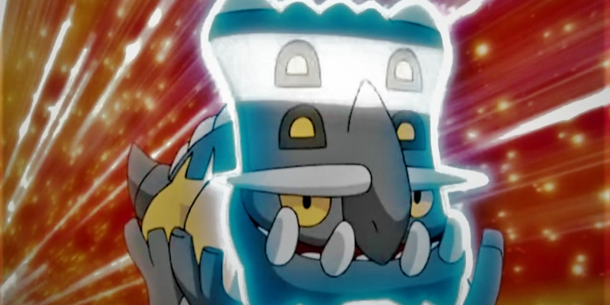 Bastiodon using Iron Defence with red background in the Pokemon anime.