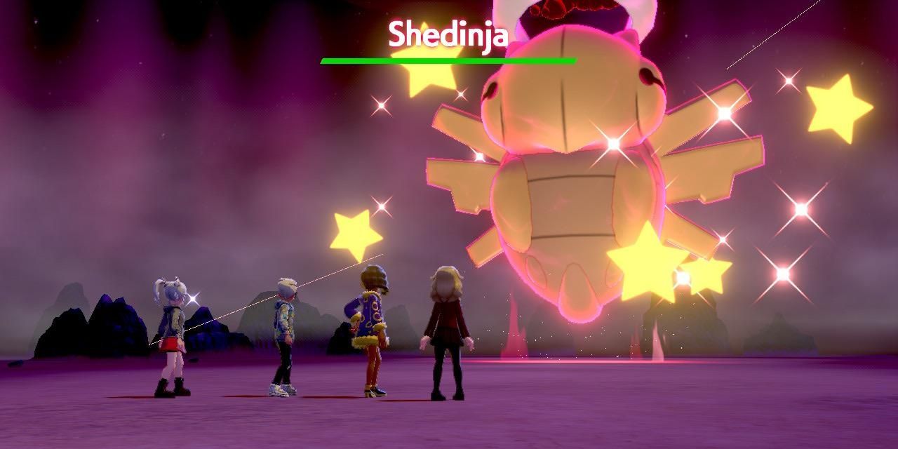 Dynamax Shedinja Battling 4 trainers in a raid battle in Pokemon Sword & Shield.