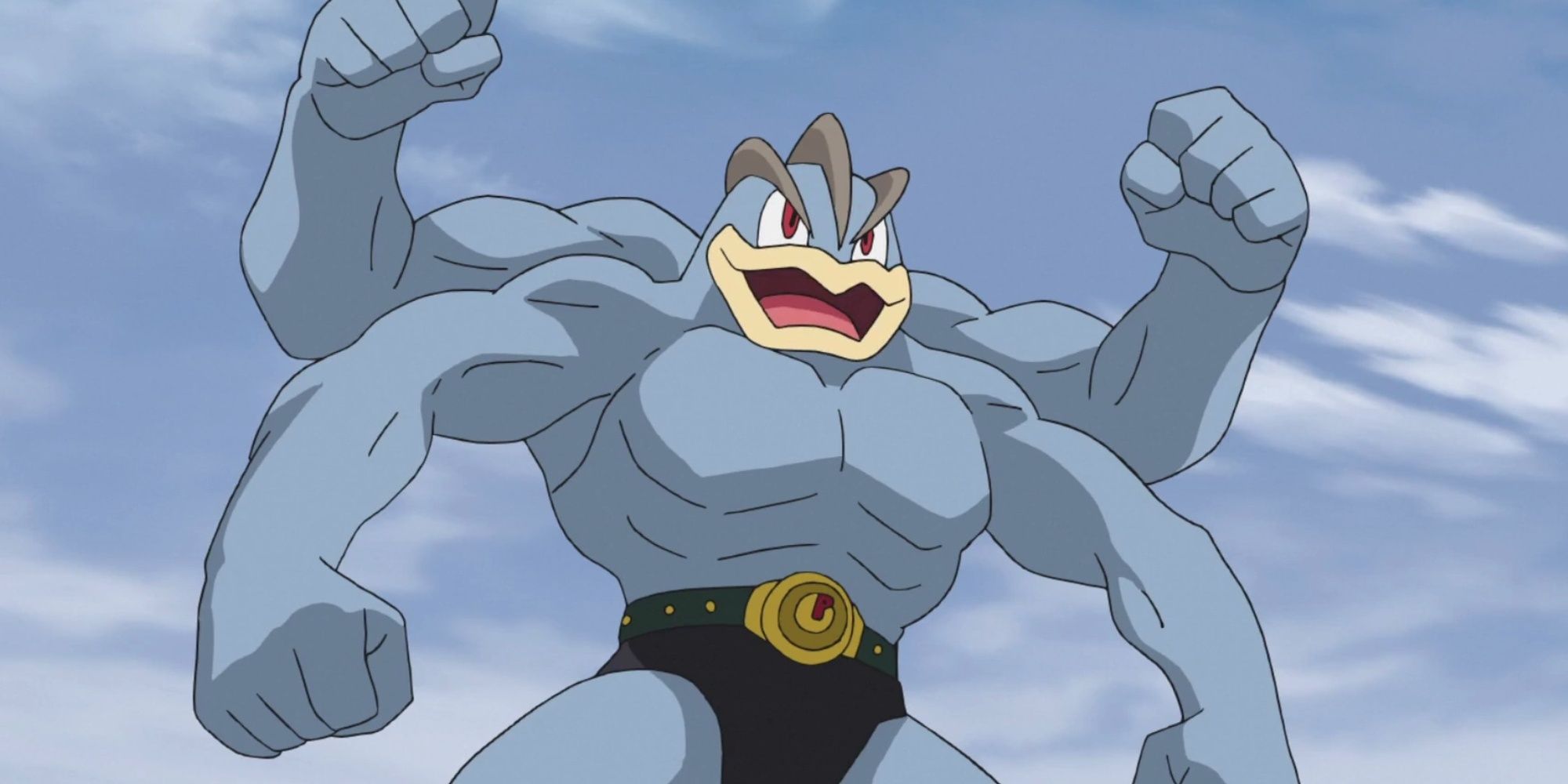 Machamp flexes powerfully with a blue sky behind it in the Pokemon anime.