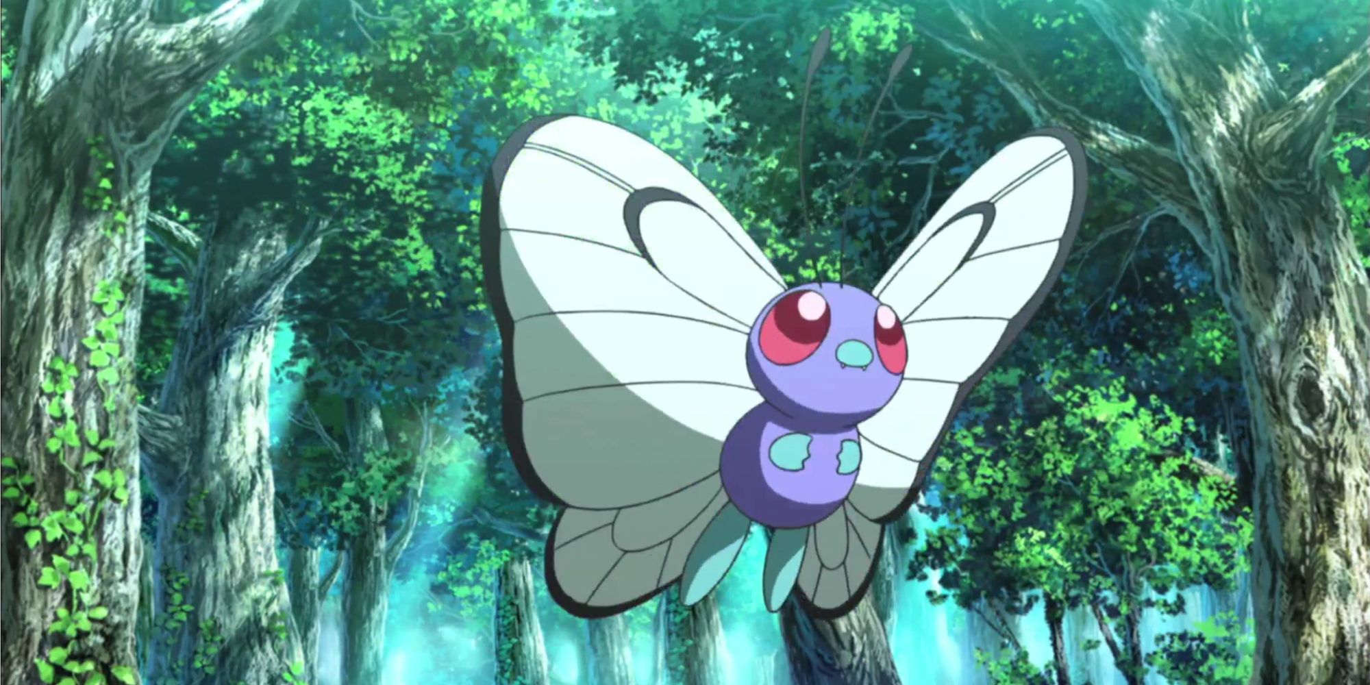 Butterfree floating around the forest in the Pokemon anime.