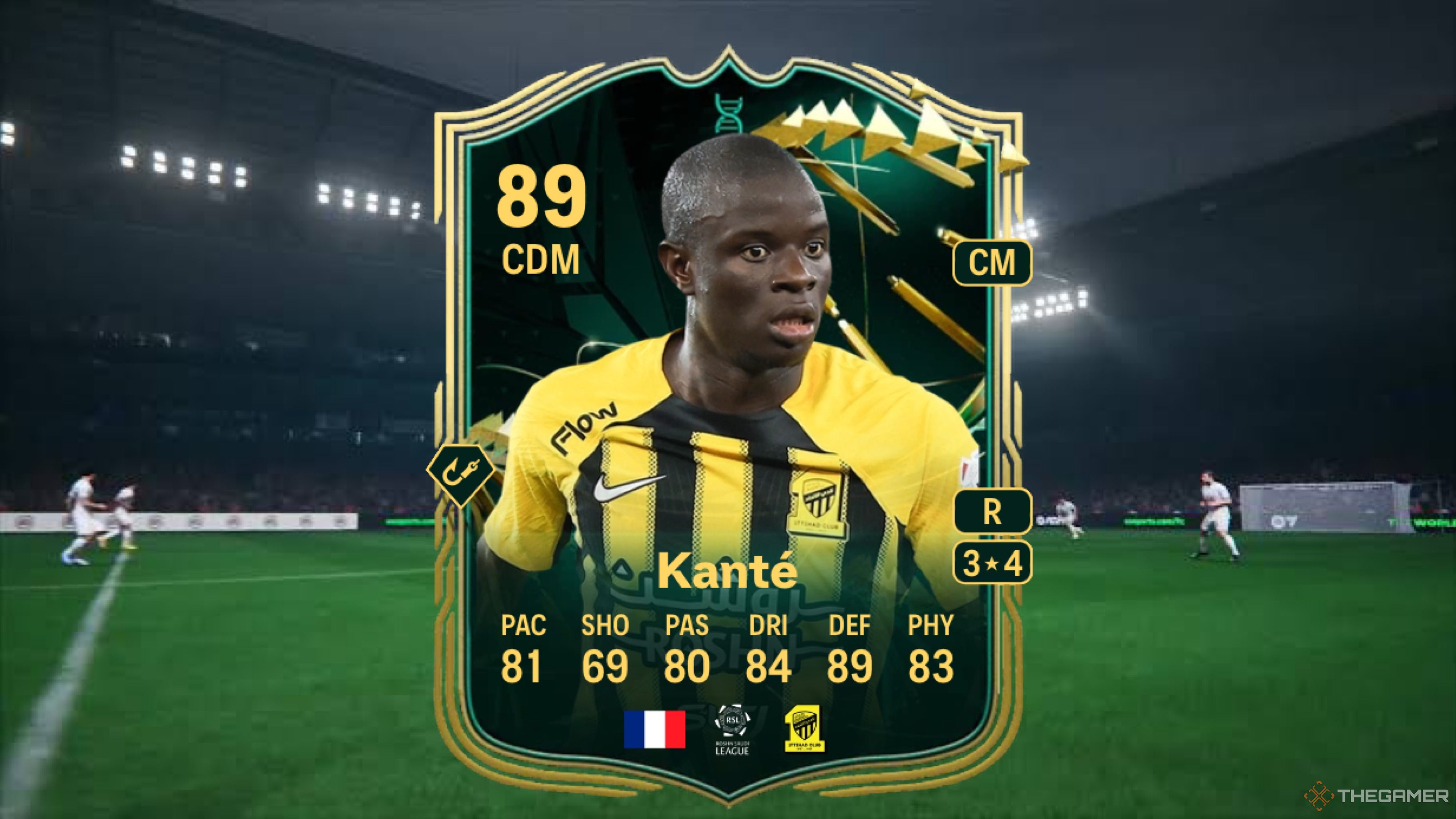 Image showing Kanté card against a faded pitch background.