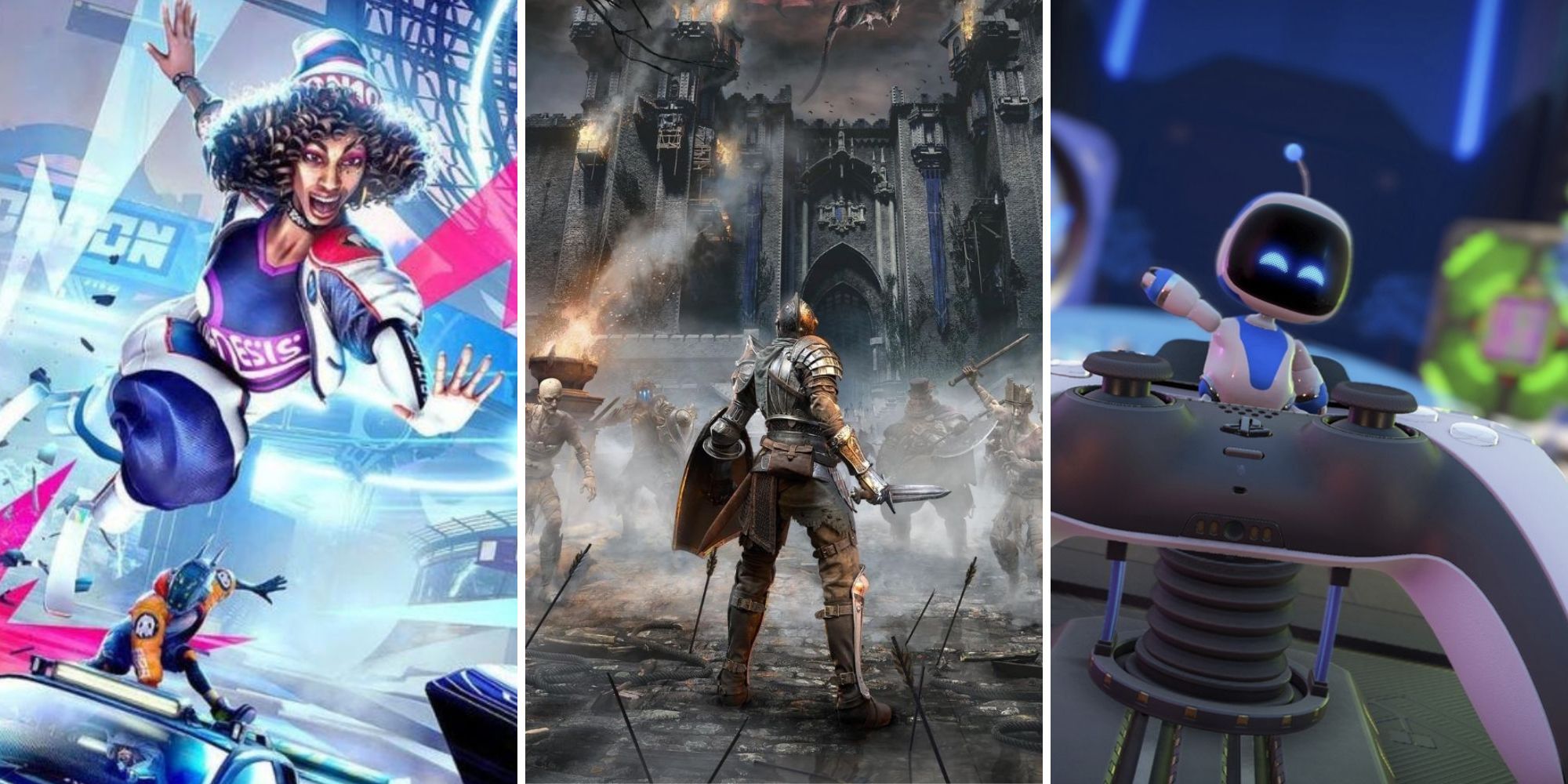 Genesis jumps forward, The Demon Slayer stands in front a group of enemies, Astro Bot waves from inside a DualSense controller