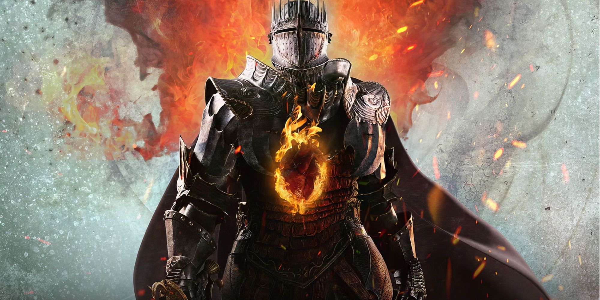 The main cover art for Dragon's Dogma 2, featuring the Arisen wearing knight armor with a fiery hole burning in their chest.