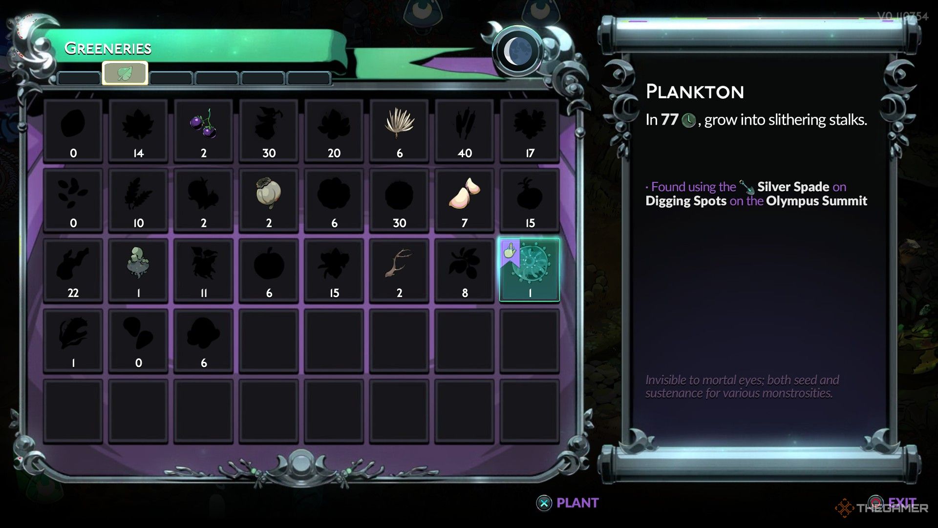 The Greeneries menu viewed when planting seeds in the Soil Plots. Plankton is highlighted. It's a dark green-blue circle with little spikes, and looks like a wheel. It's described as taking 77 Time Units to grow and being found in the Summit.