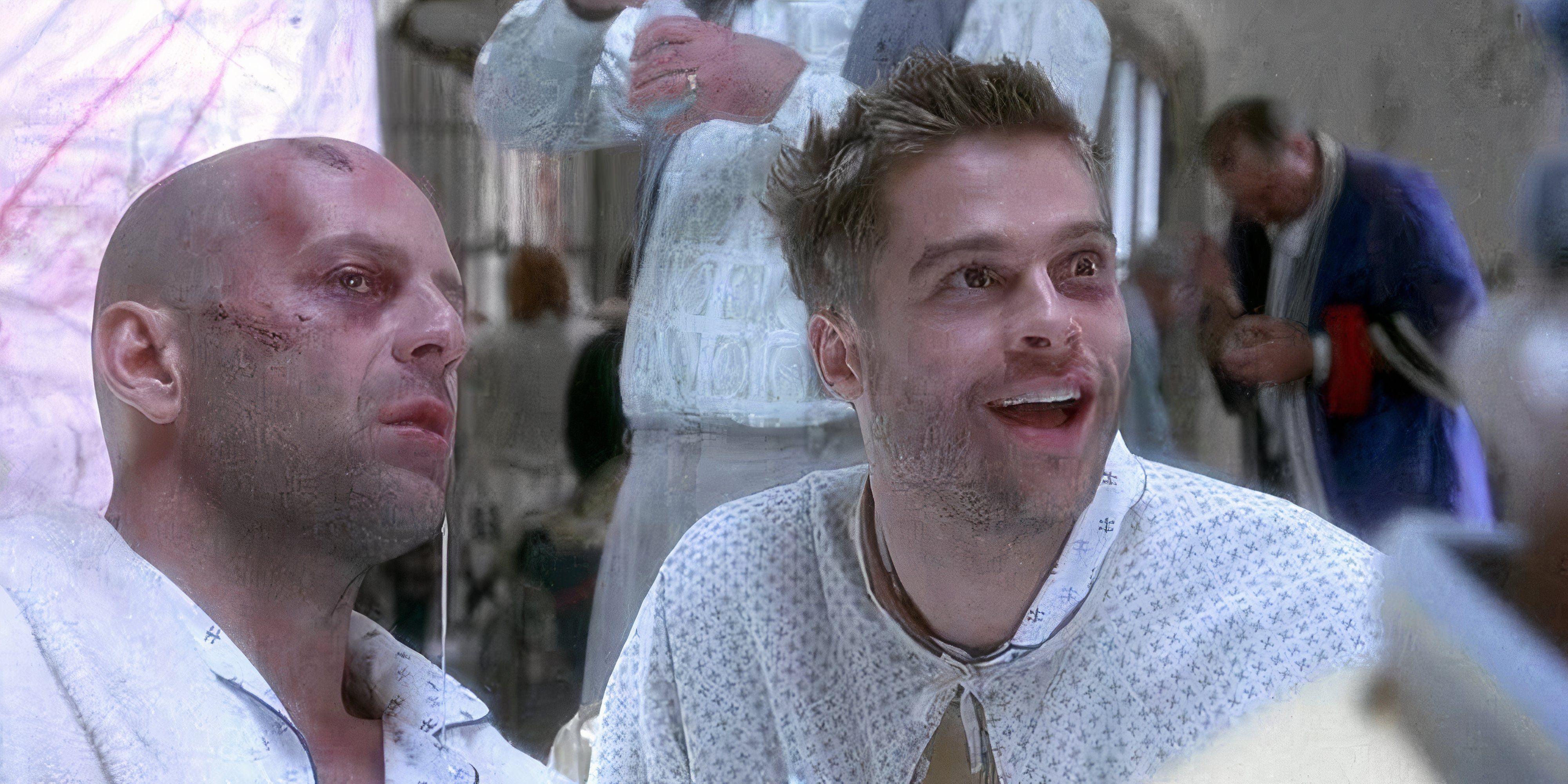 10 Greatest Dystopian Movies of All Time Brad Pitt looks manic in a hospital gown with a beaten up Bruce Willis