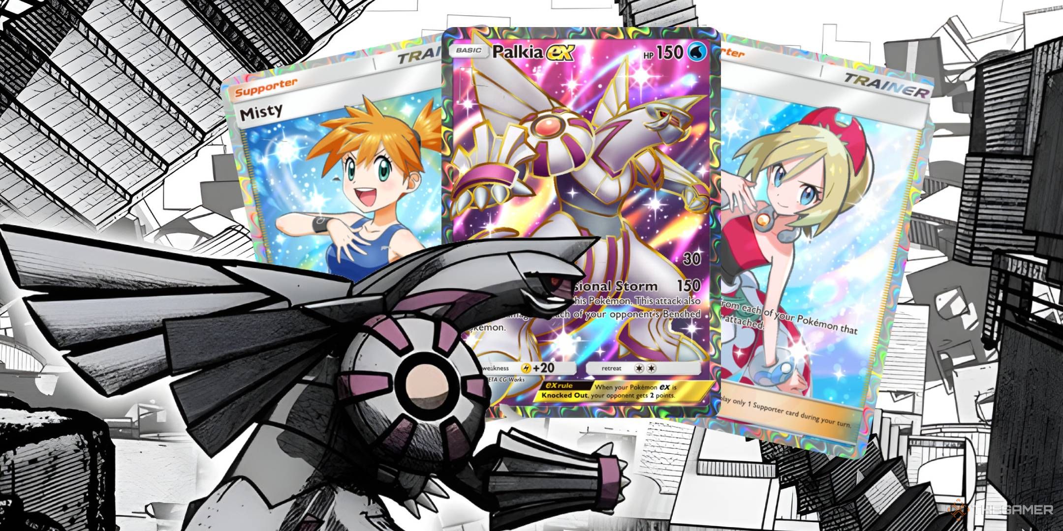 Palkia ex in its pocket dimension looks over full-art copies of the Palkia ex, Misty, and Iridia cards.