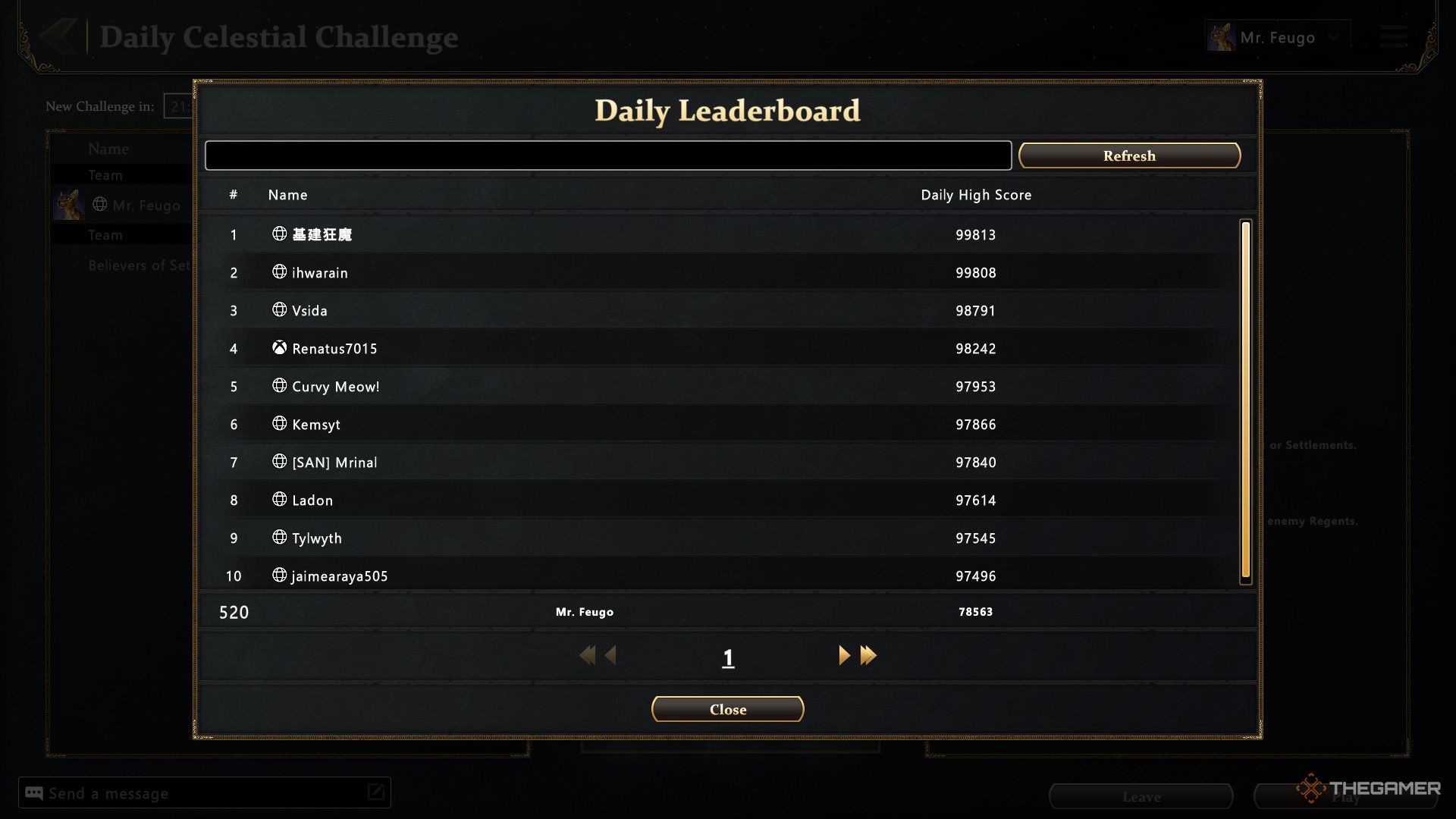 Celestial Challenge's Daily Leaderboard is displayed in Age of Mythology - Retold