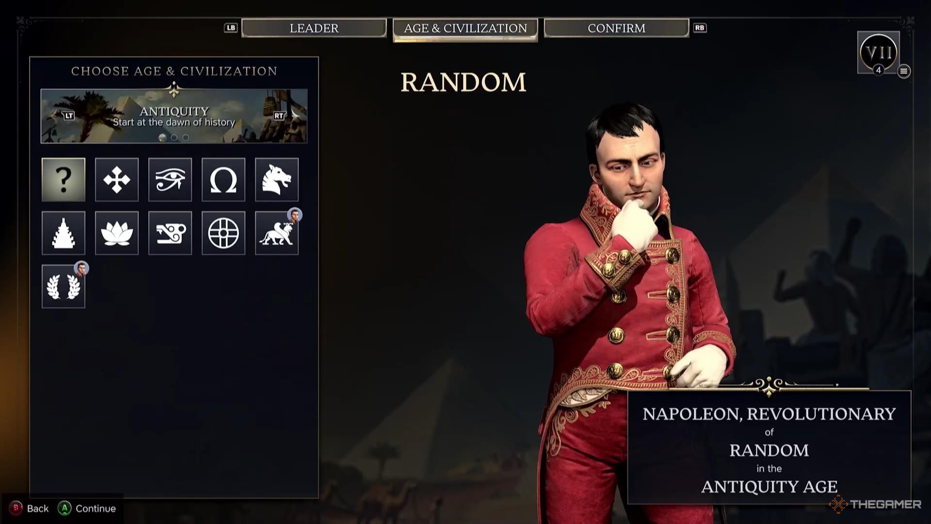 Napoleon considers the civilization options in the Antiquity Age in Civilization 7.