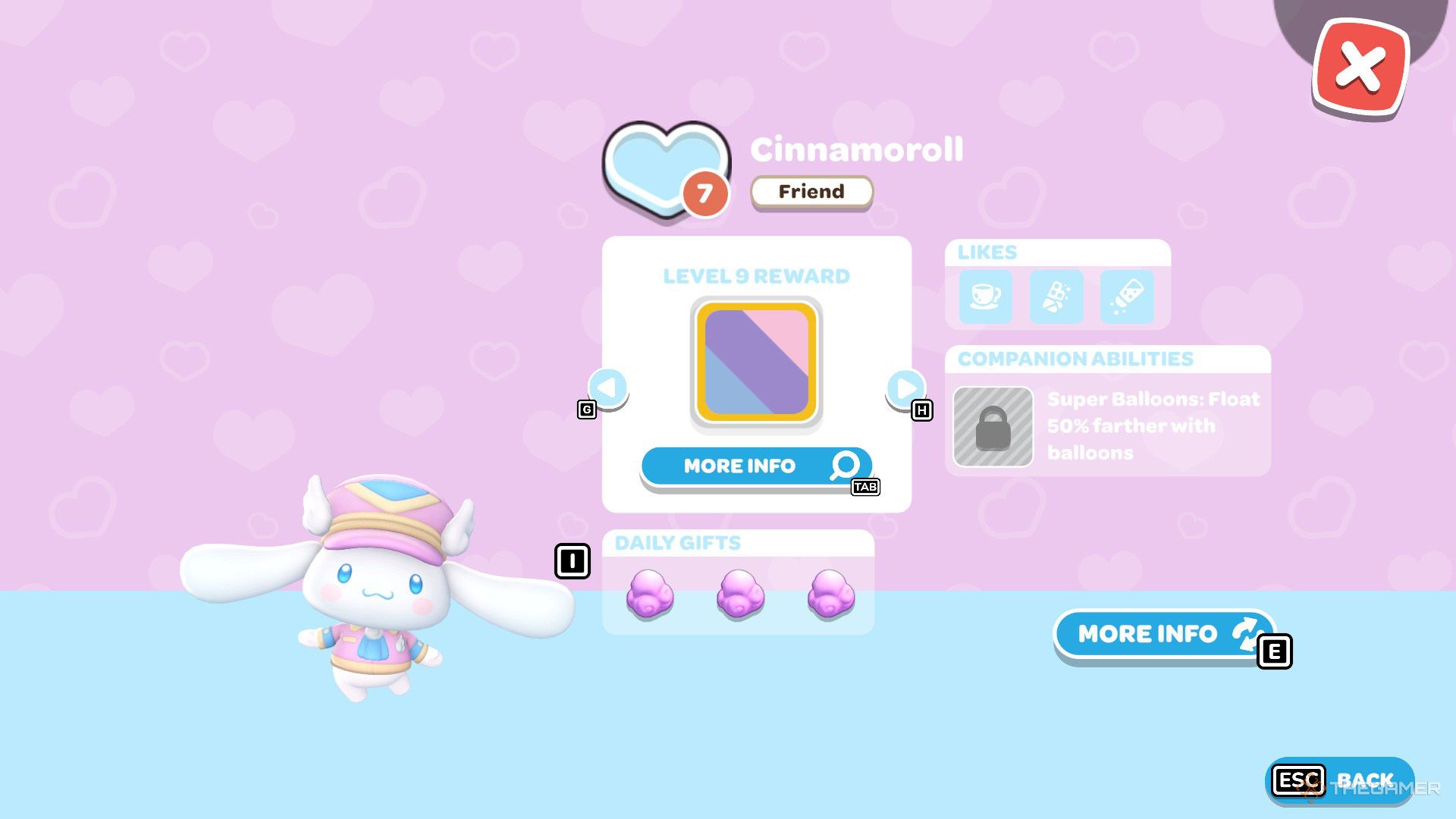 The player is checking Cinnamoroll's friendship rewards in Hello Kitty Island Adventure