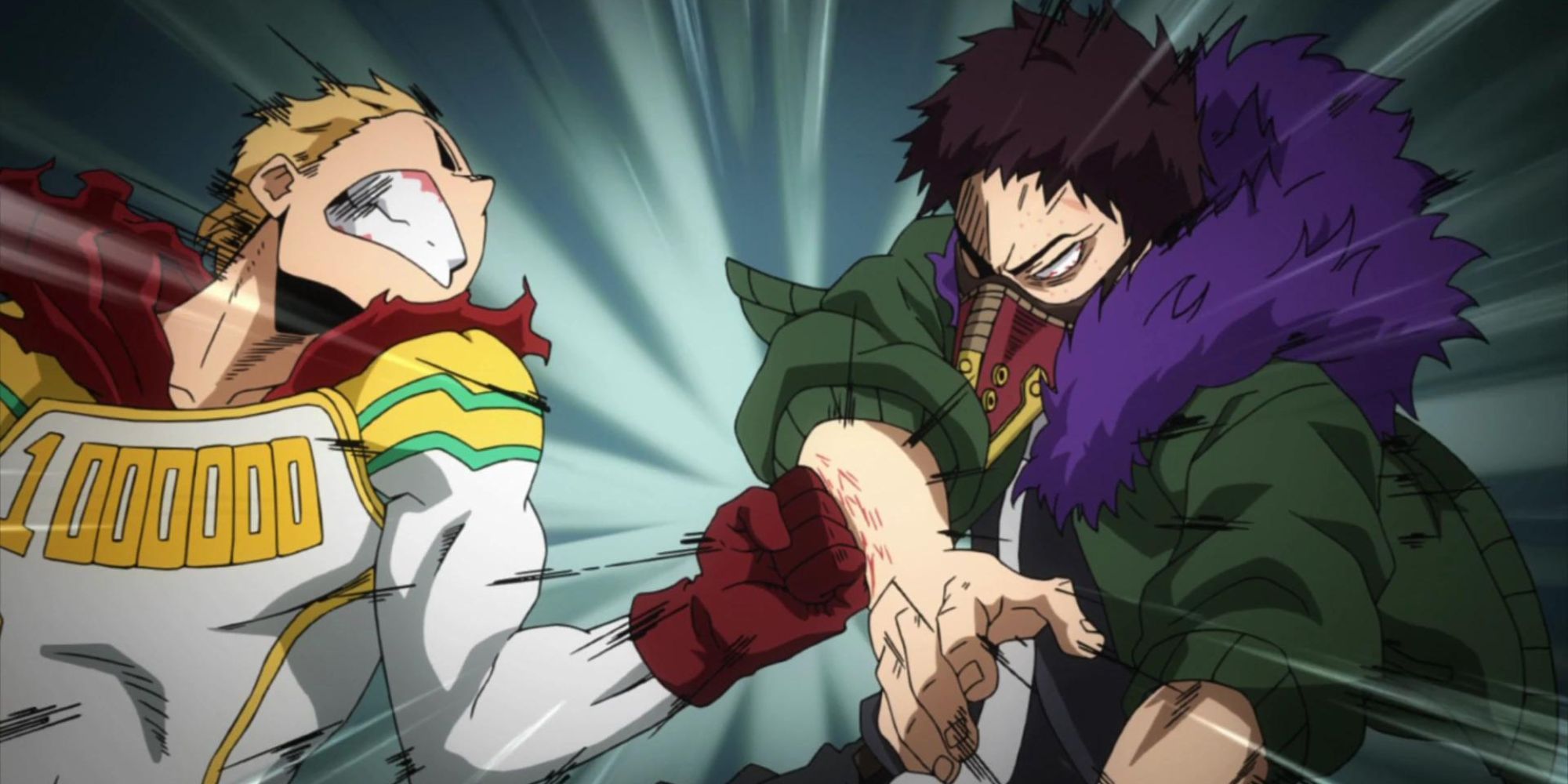 Mirio Togata fights Overhaul in a one-on-one match.