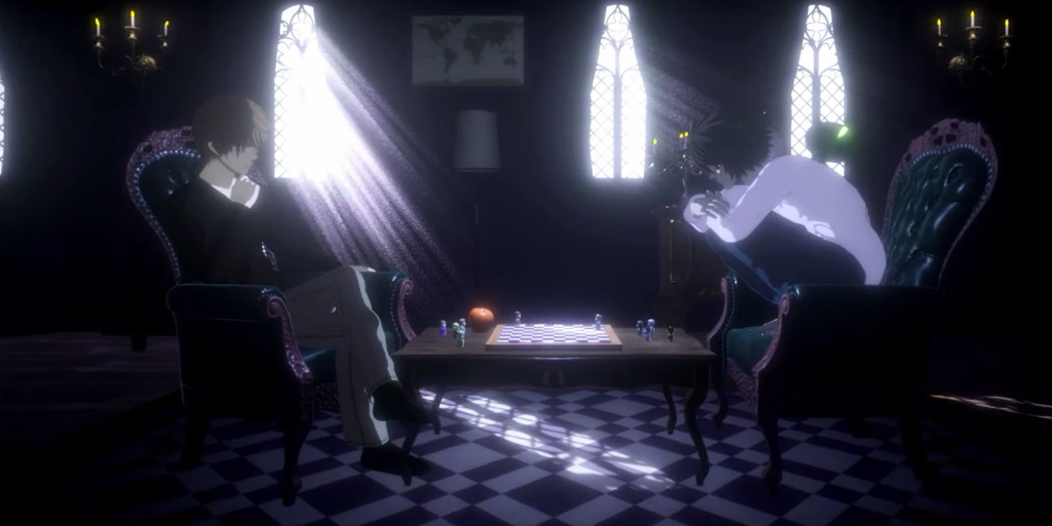 Light and L on opposite ends of a chess table in Death Note: Killer Within.