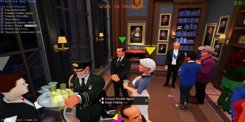 An image of guests at a cocktail party in SpyParty. 