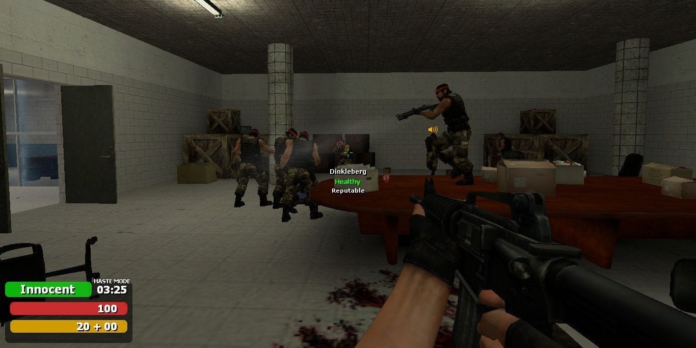 A screenshot of Garry's Mod: Trouble in Terrorist Town, in which several gunman gather in a bunker.