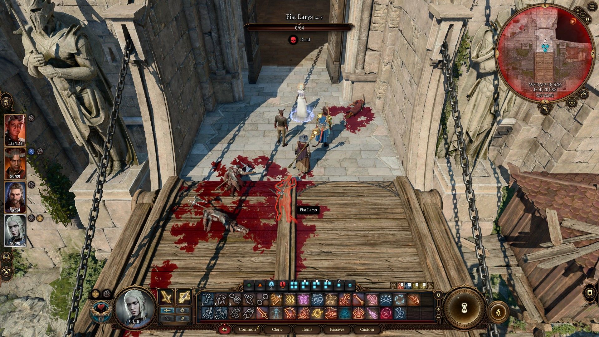 Player And Party Stand In Pile Of Corpses Outside Wyrm's Rock Fortress Doors At Bridge In Baldur's Gate 3.