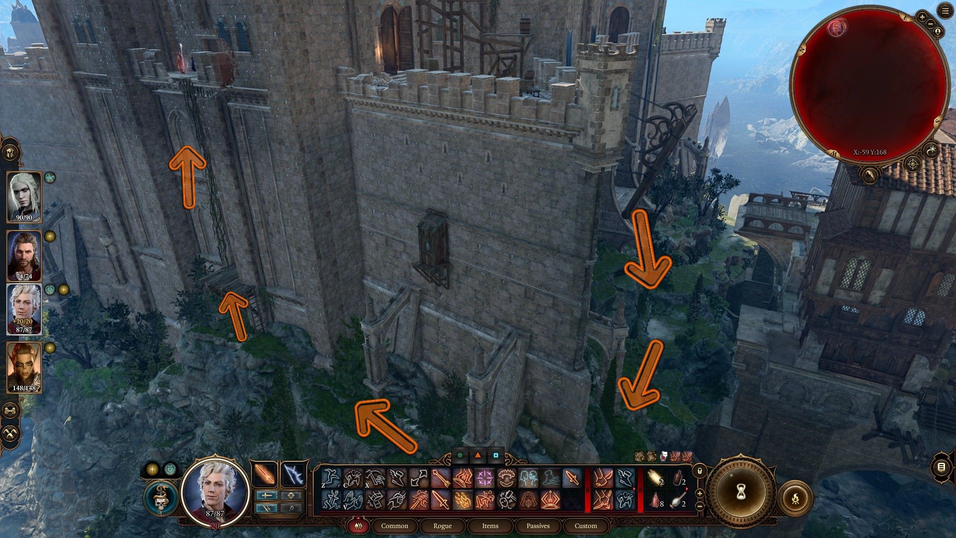 Highlighted And Arrowed Image Of Path Around Wyrm's Rock Fortress To Vine Wall In Baldur's Gate 3.