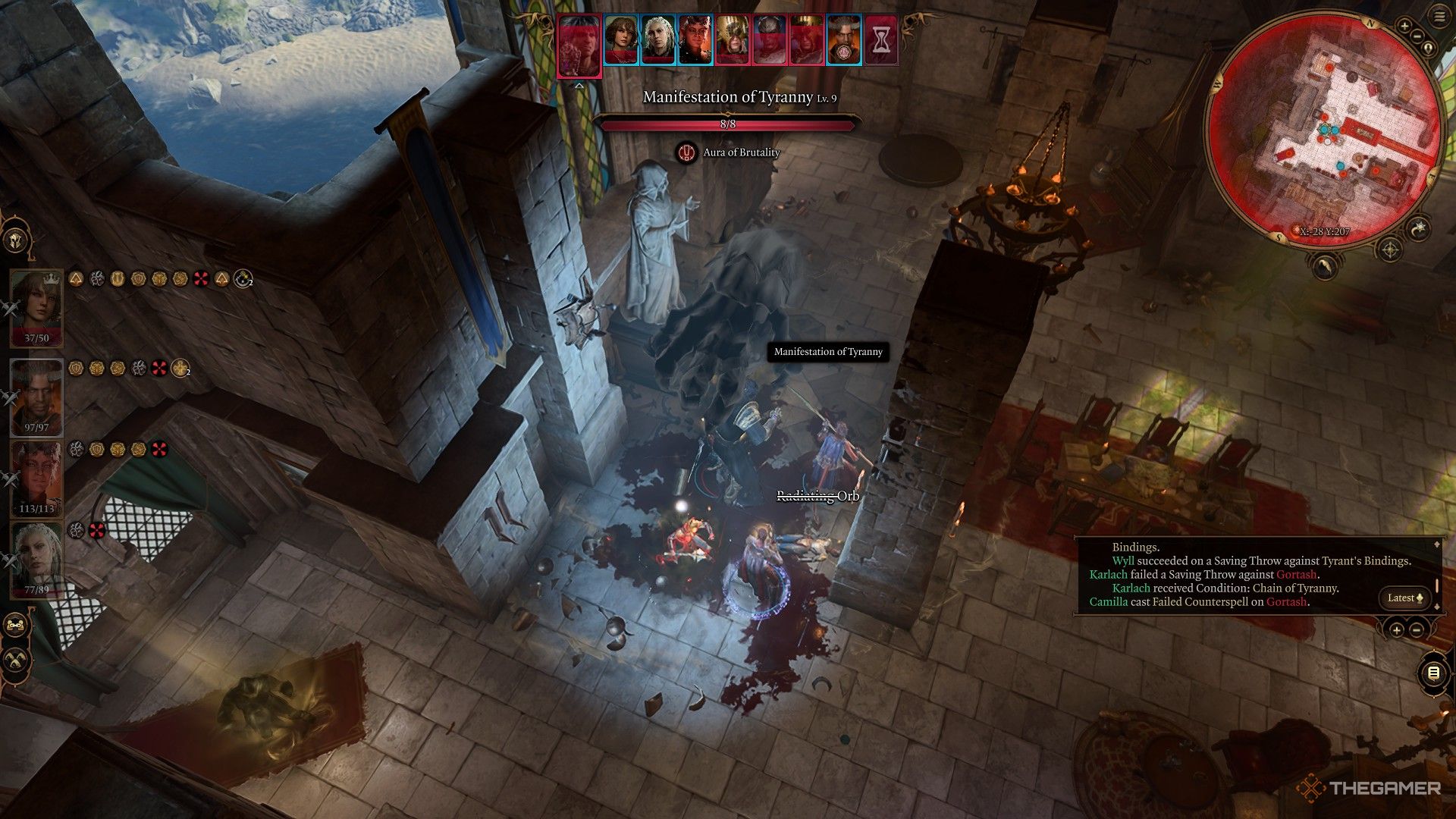 A menacing Black Hand of Bane hovers over the party while fighting Gortash in Baldur's Gate 3.