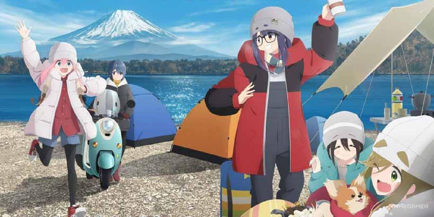 Promo art of the main characters from Yuru Camp on a camping trip.