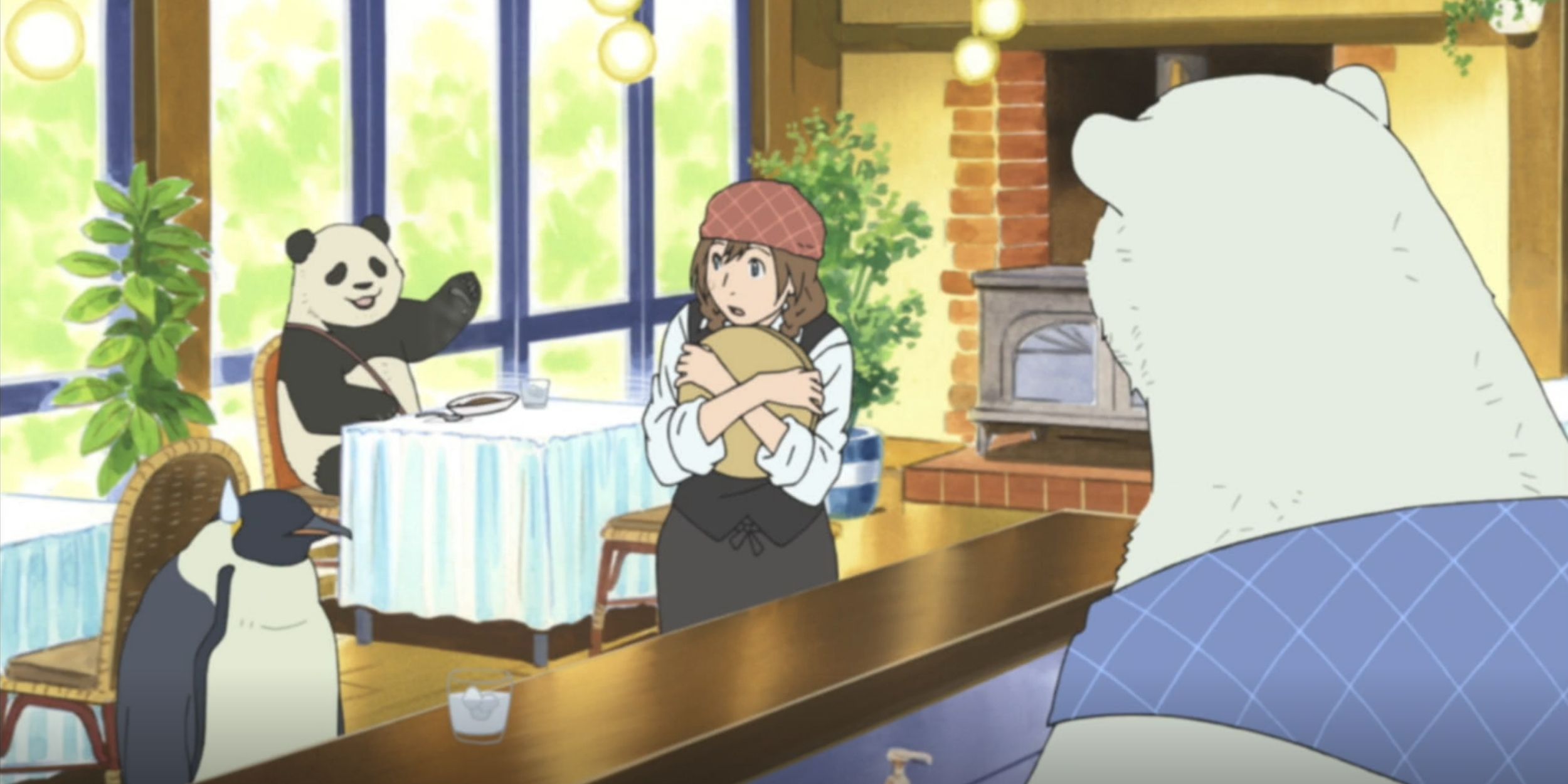 A screenshot from the first episode of Shirokuma Cafe.