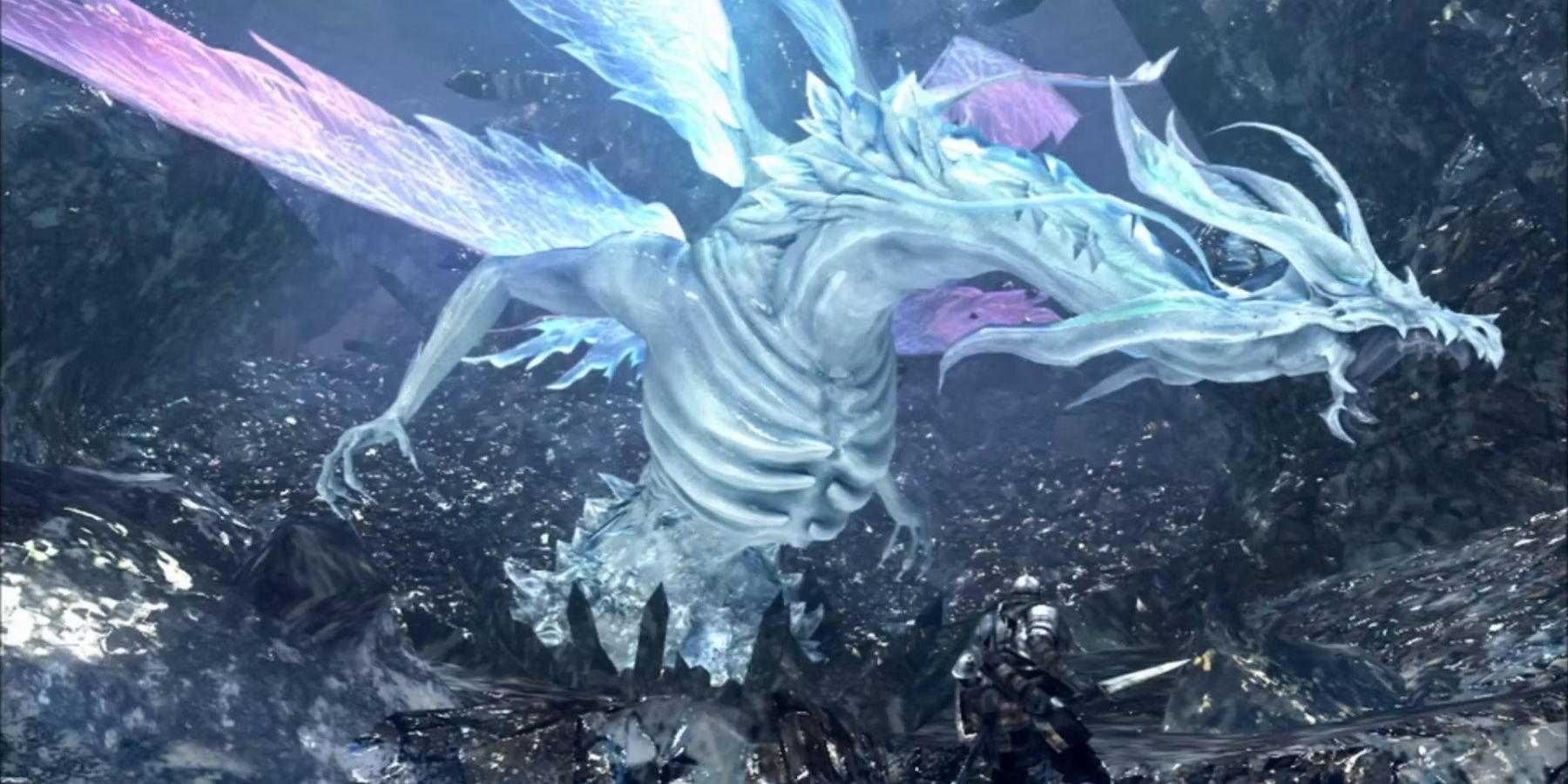 Dark Souls Seath the Scaleless roaring inside a cave