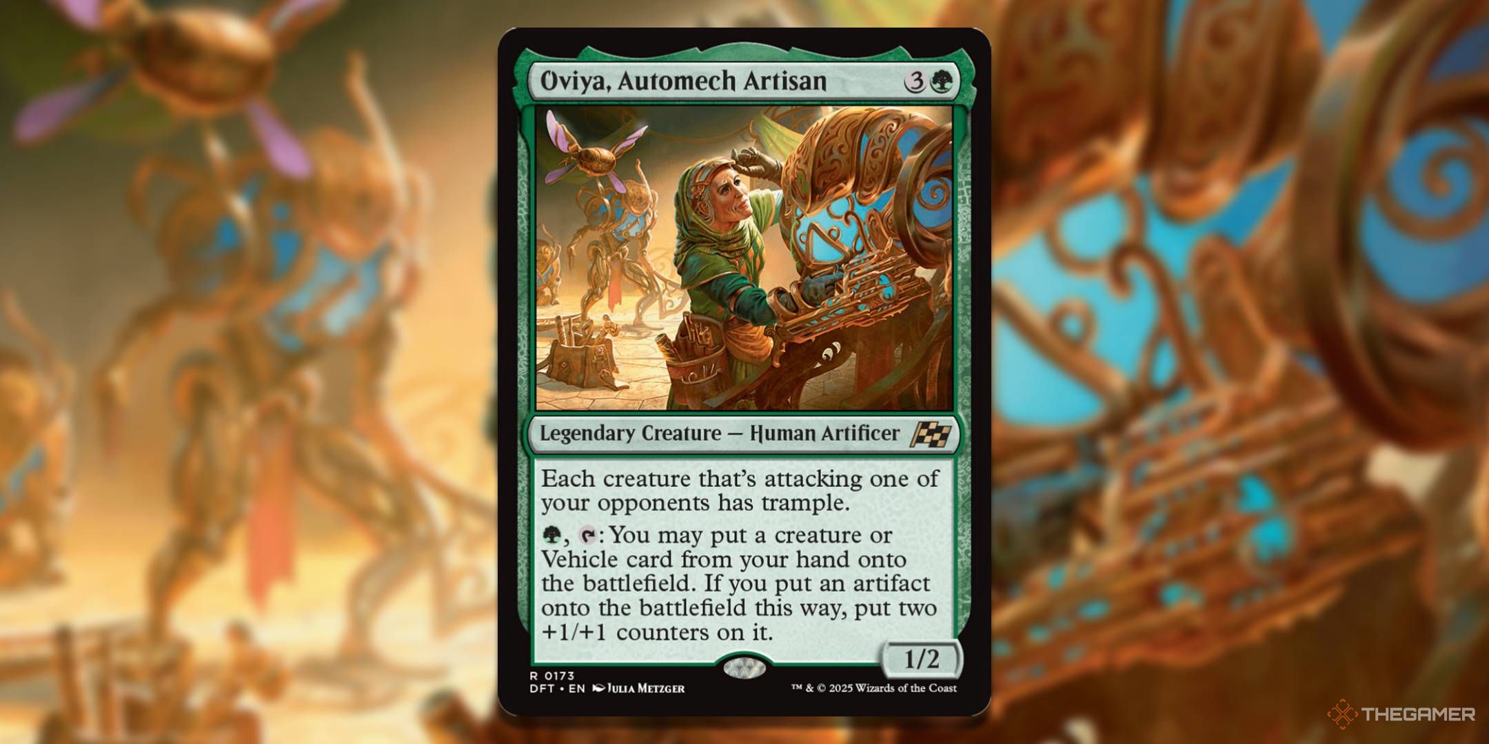 MTG Oviya, Automech Artisan card with the art in the background.