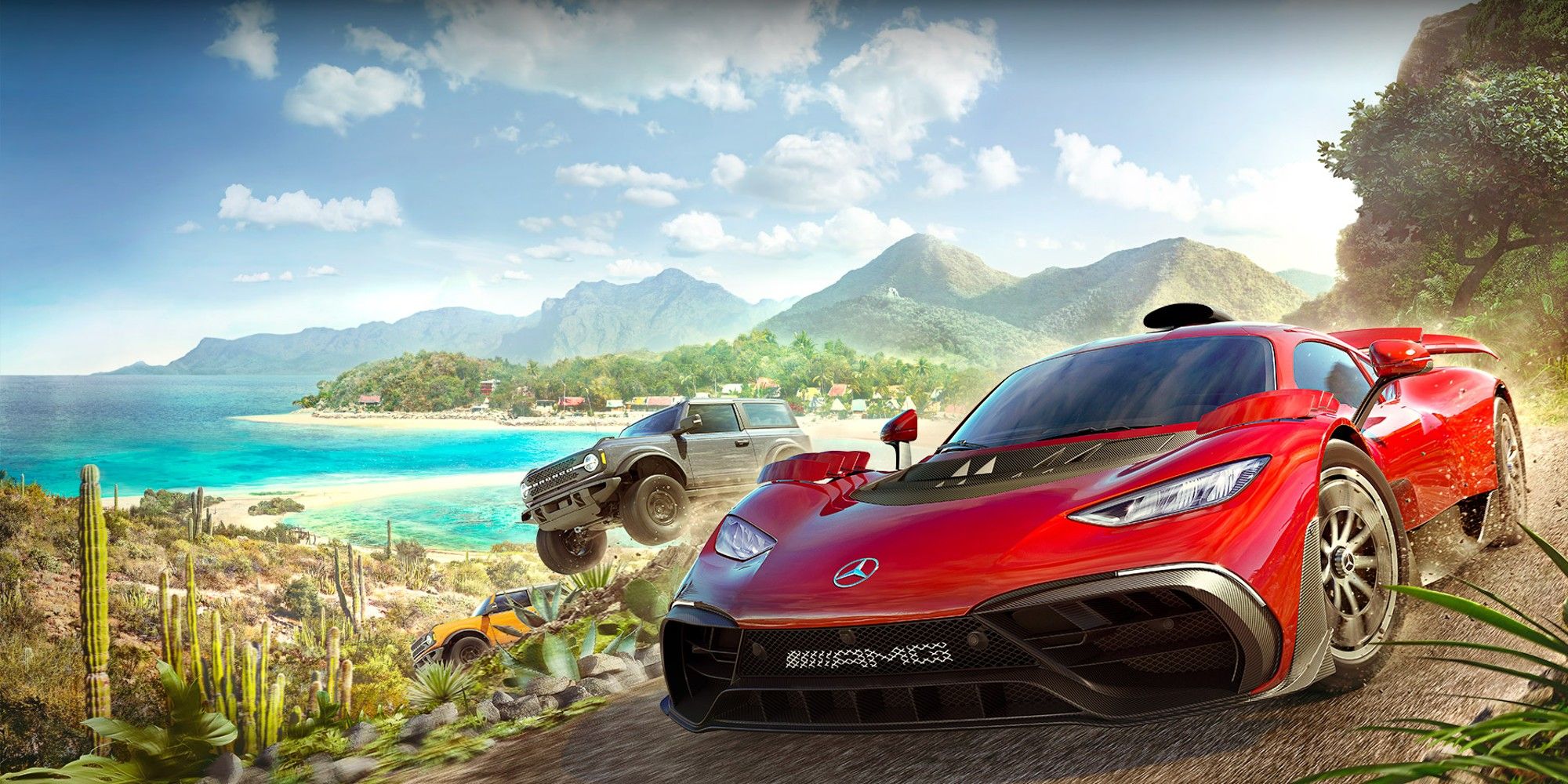Mercedes and truck driving near beach in Forza Horizon 5.