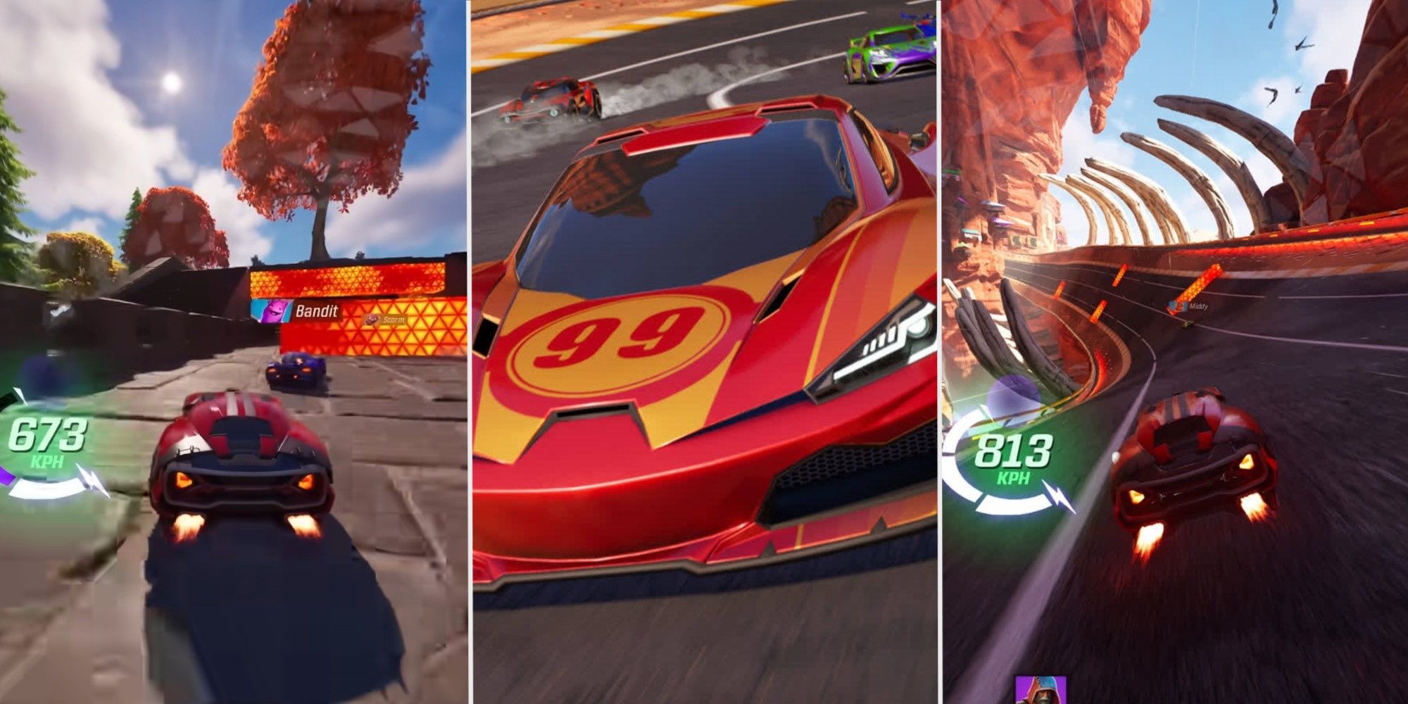 A split image showing cars racing in different maps in Fortnite Rocket Racing.