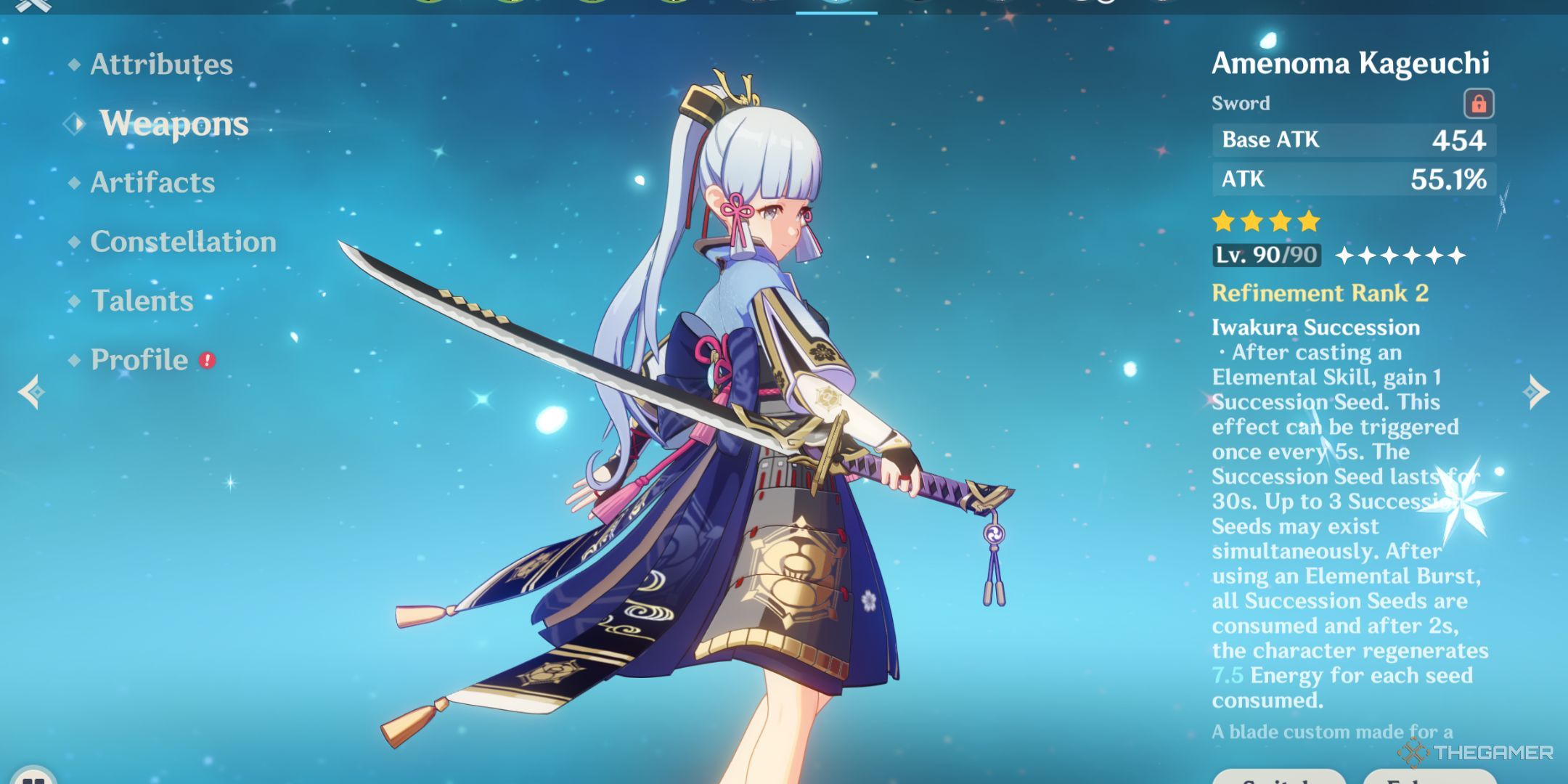 Kamisato Ayaka holding the Amenoma Kageuchi in Genshin Impact.