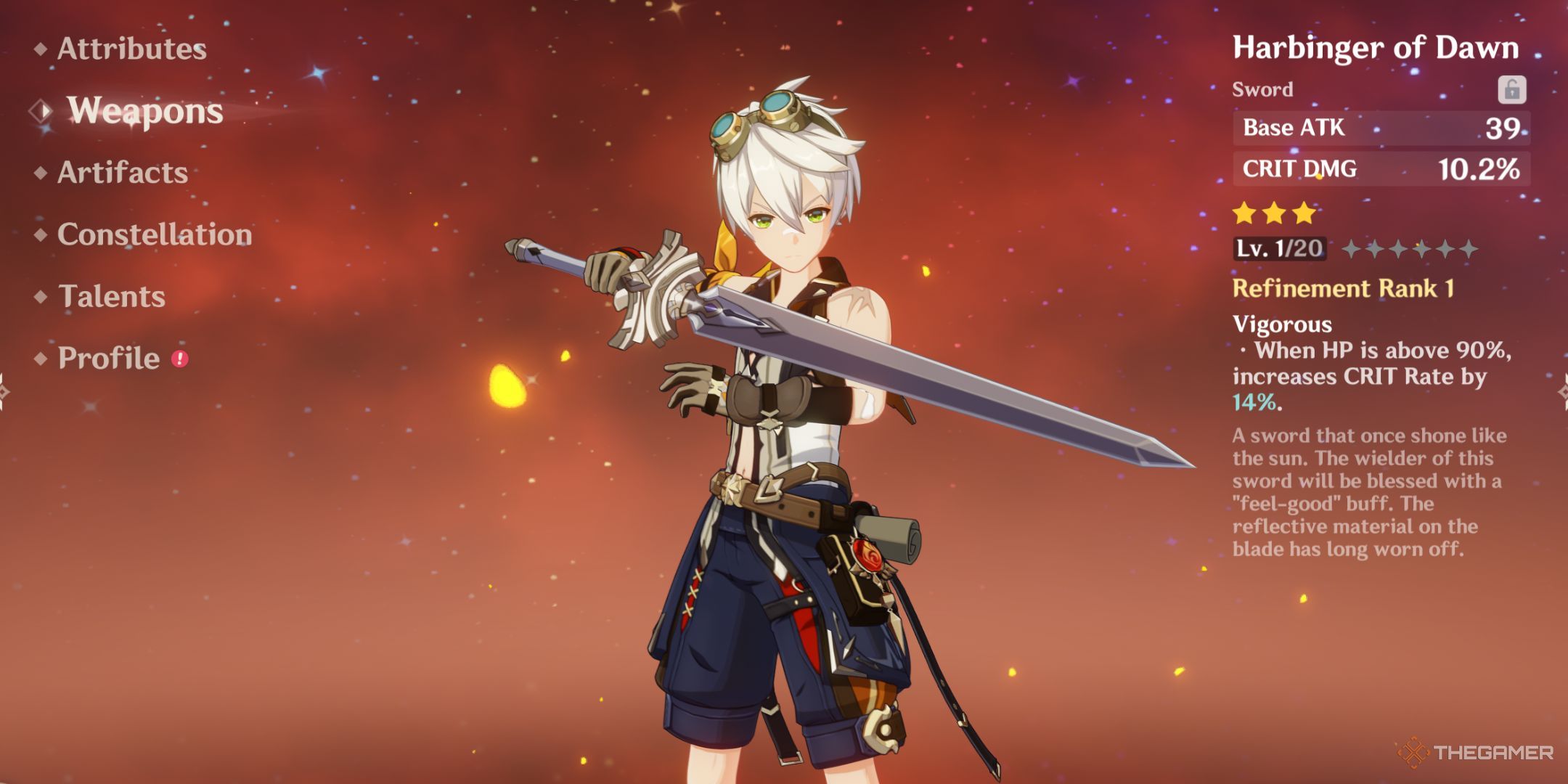 Bennett holding the Harbinger of Dawn in Genshin Impact.