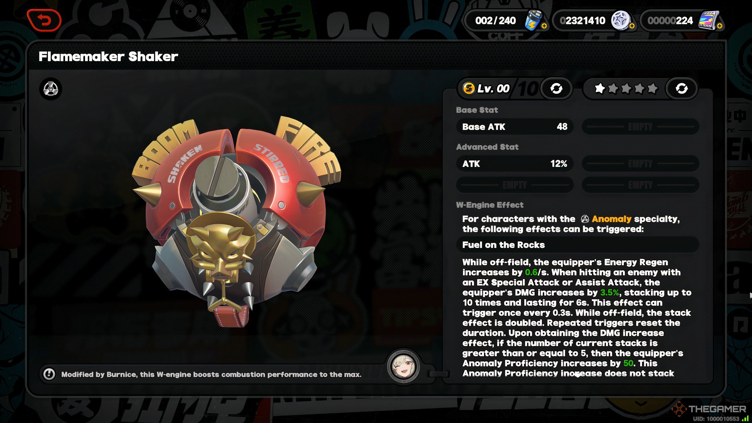 Burnice Signature W-Engine Flamemaker Shaker description in Zenless Zone Zero.
