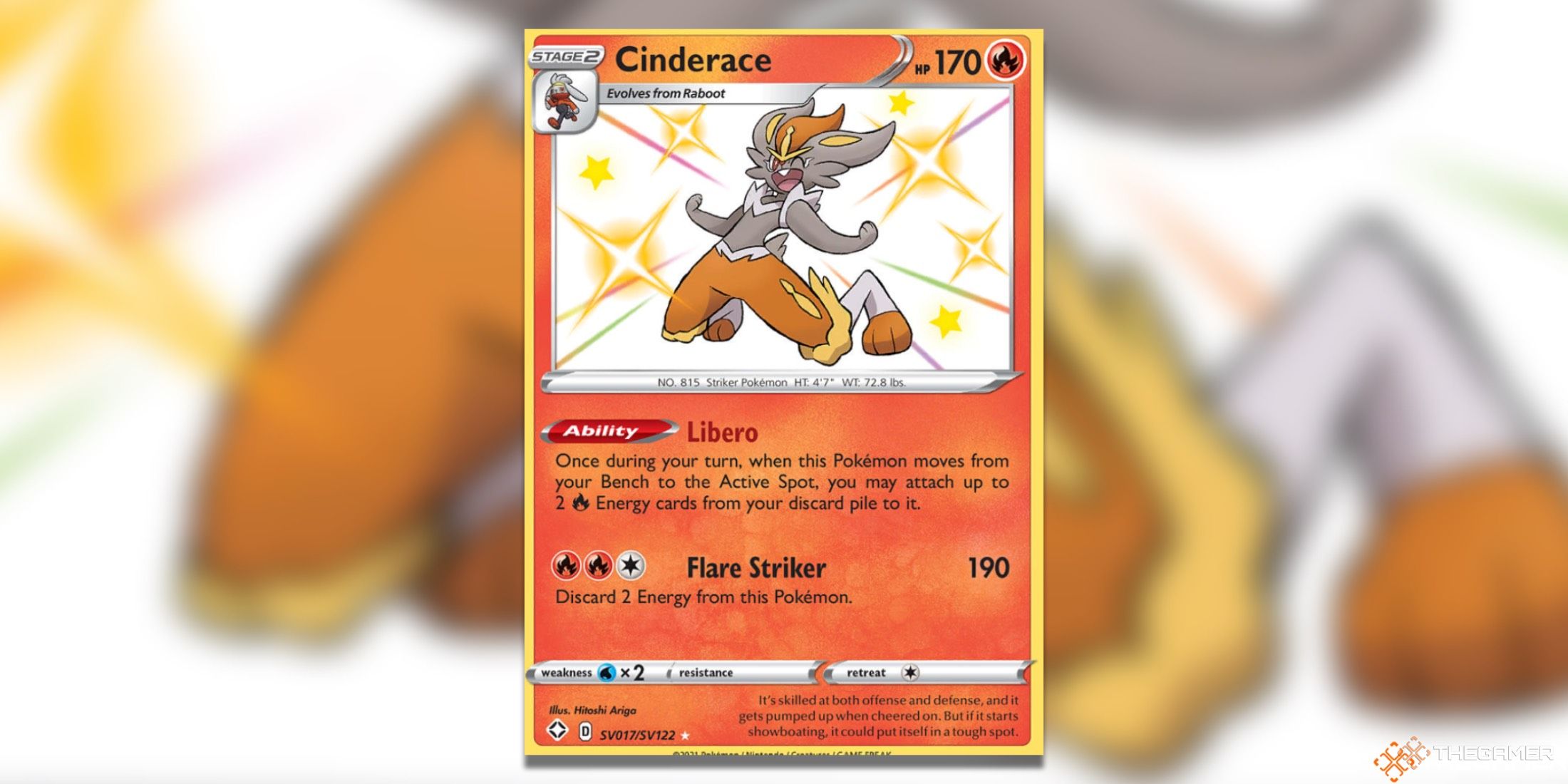 The Shining Fates Cinderace Shiny Holo Rare from the Pokemon TCG.
