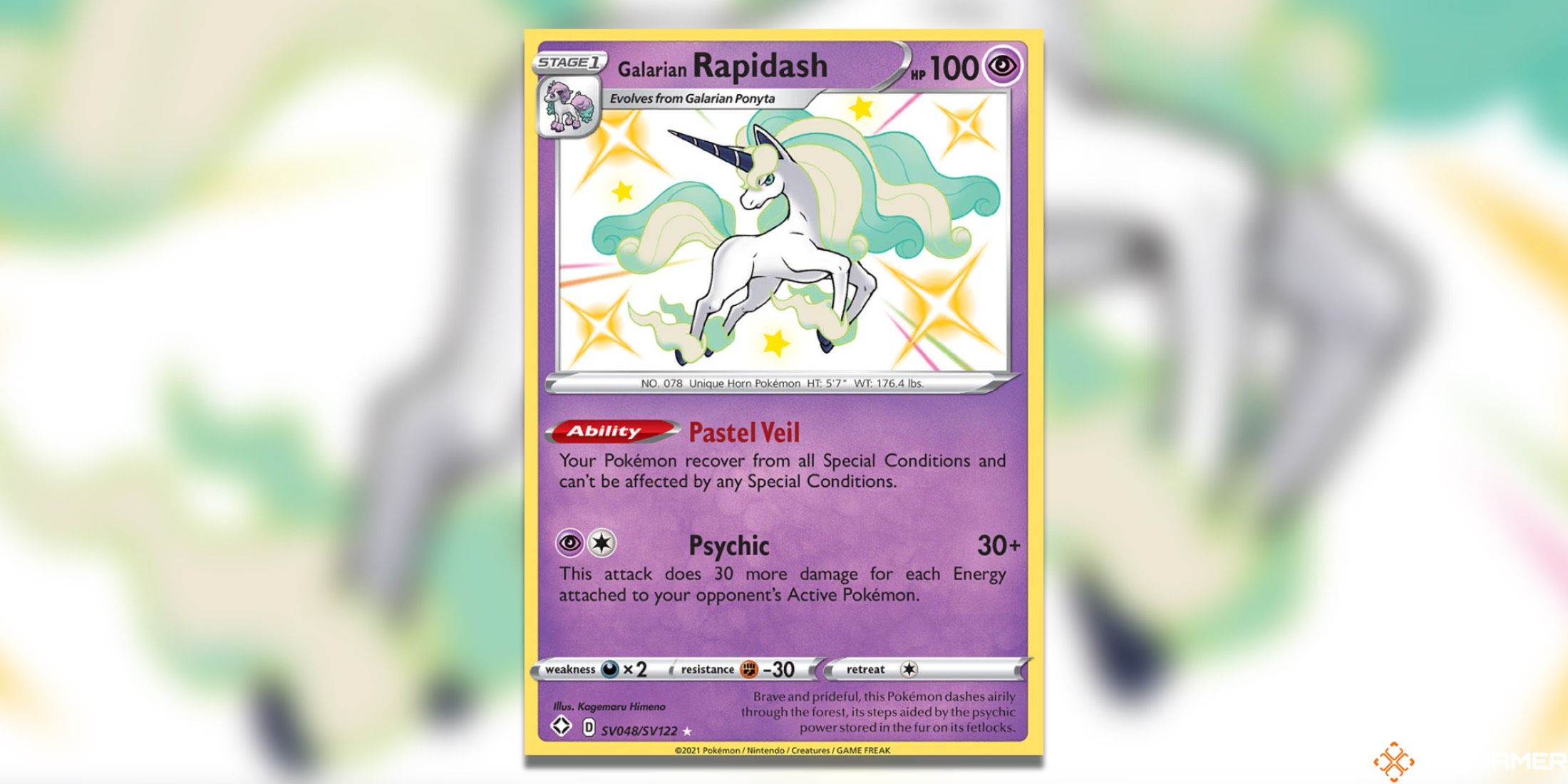 The Shining Fates Shiny Galarian Rapidash from the Pokemon TCG.