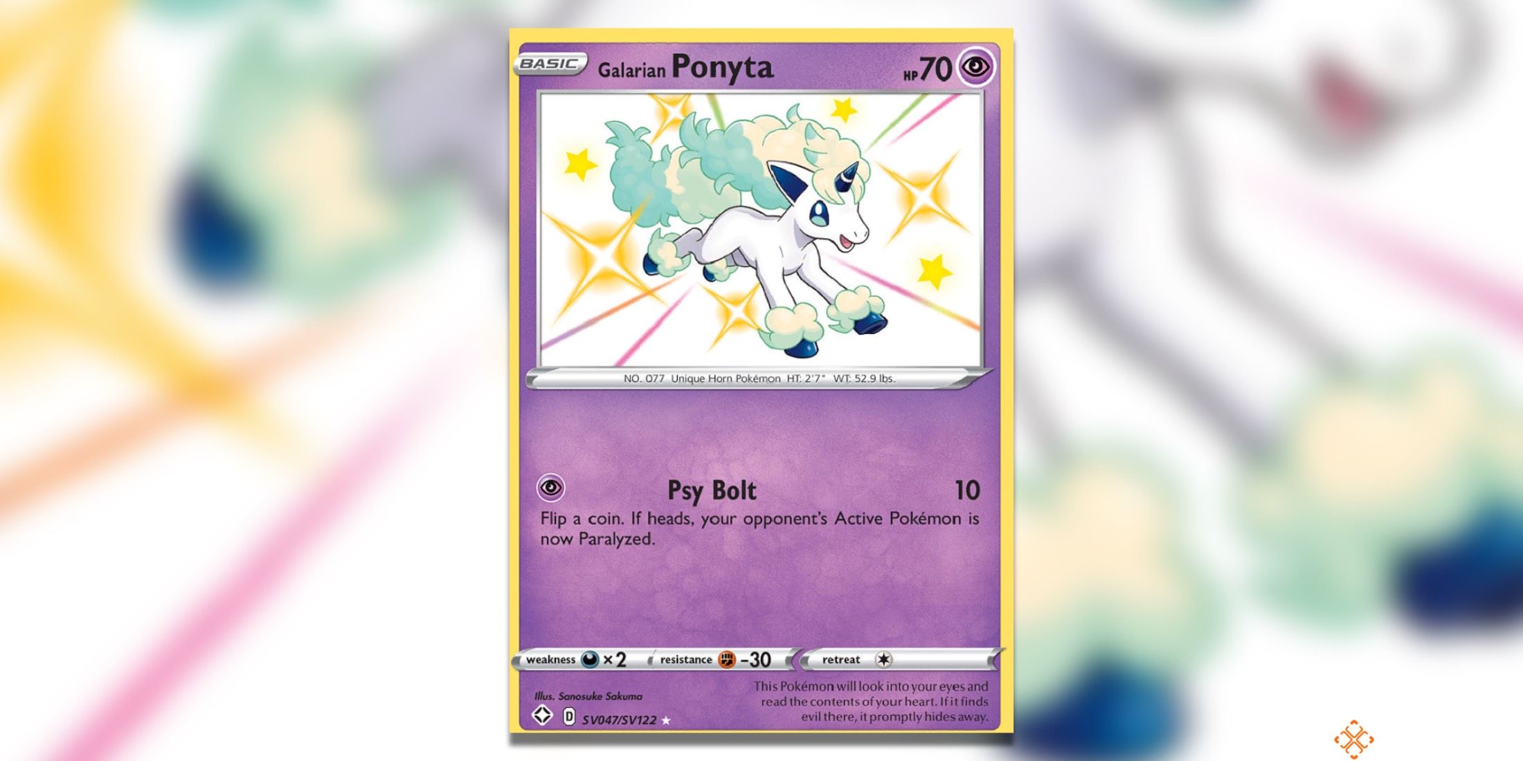 The Shining Fates Shiny Galarian Ponyta from the Pokemon TCG.
