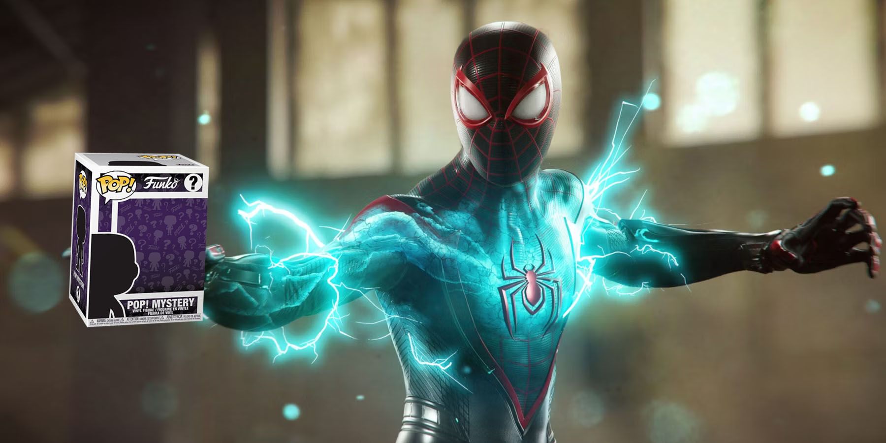 A screenshot of Miles Morales in Marvel's Spider-Man 2 with a mystery Funko Pop box inserted into his hand.