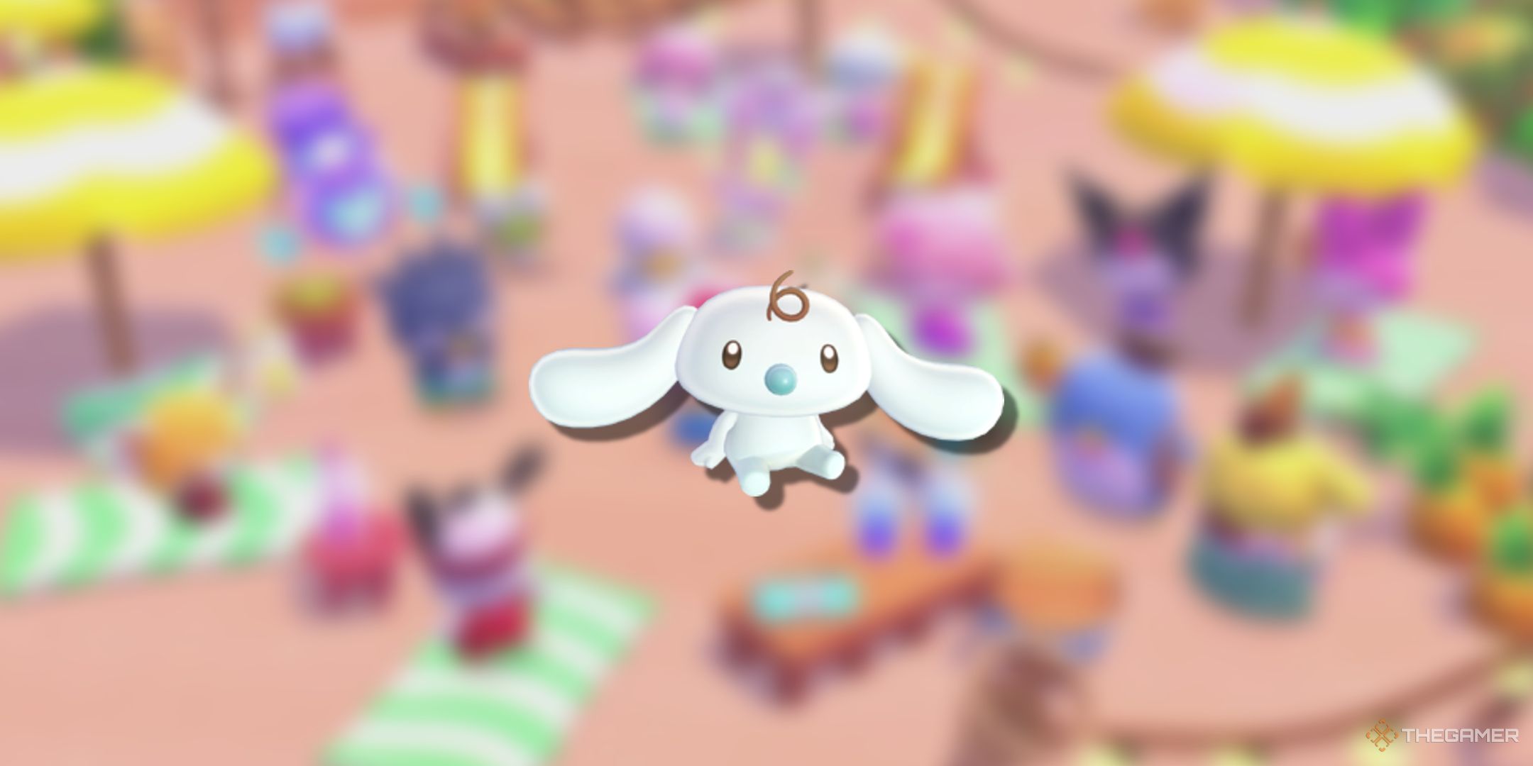 Milk standing against a blurry background in Hello Kitty Island Adventure.