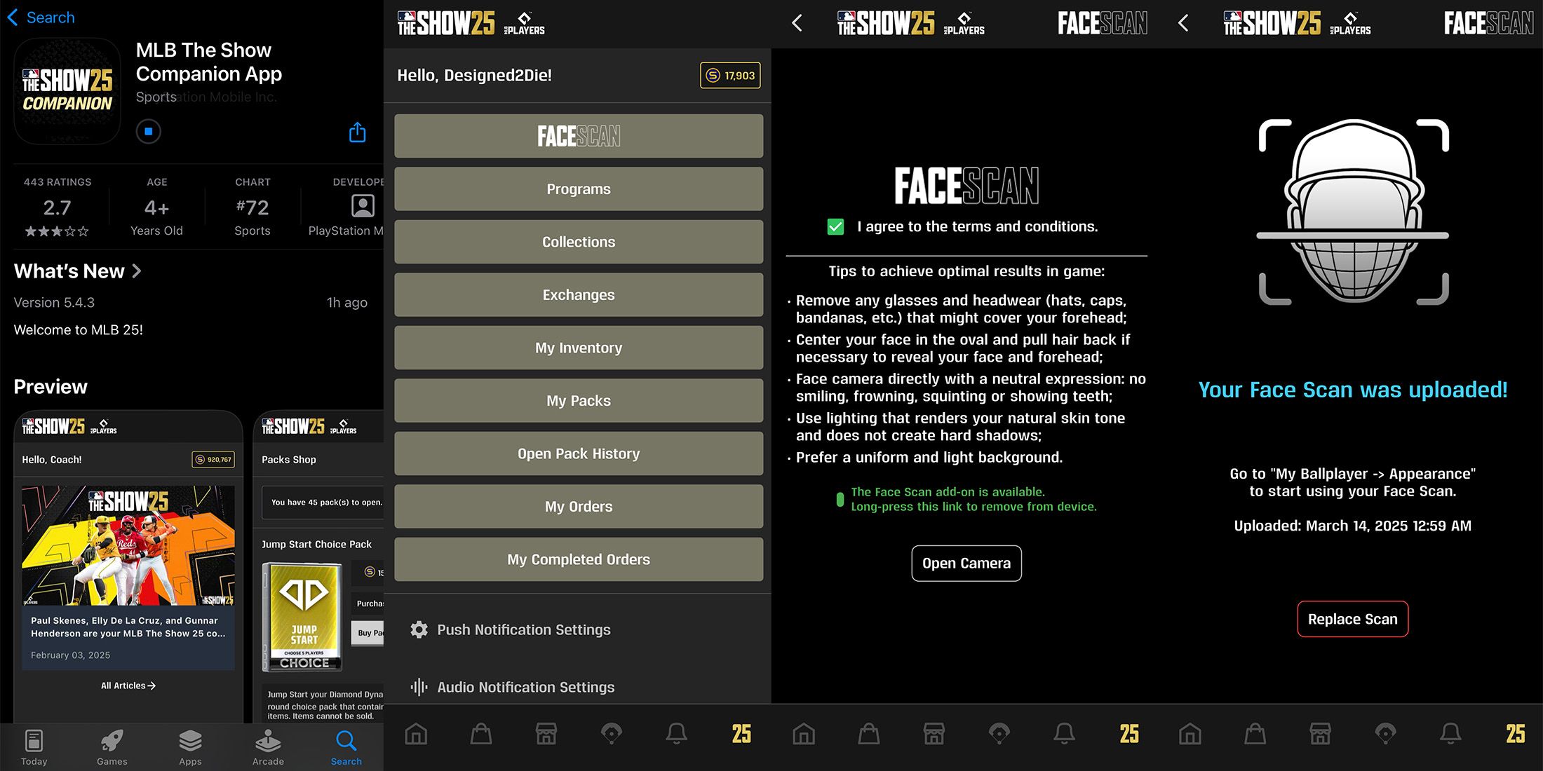 MLB The Show Companion App screenshots for MLB The Show 25 Face Scan