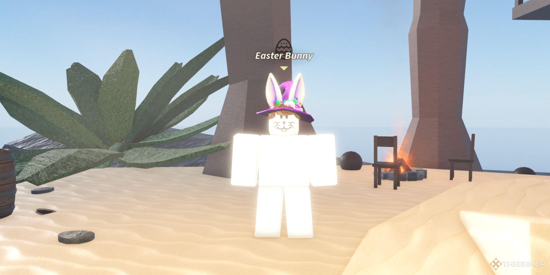 The player character shows the Easter Bunny NPC on Sunstone Island in Fisch.
