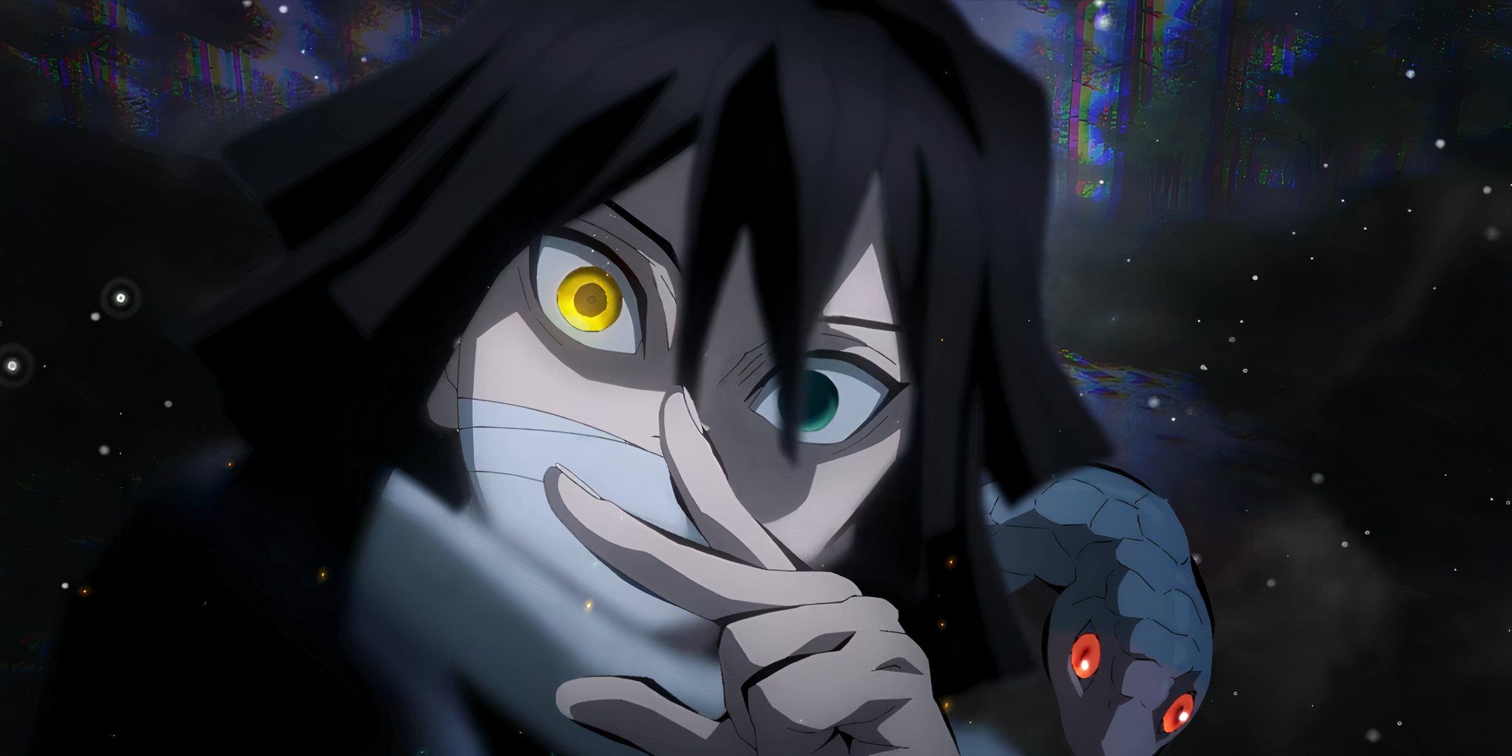 Obanai and his snake looking at a demon in the Hashira Training arc.