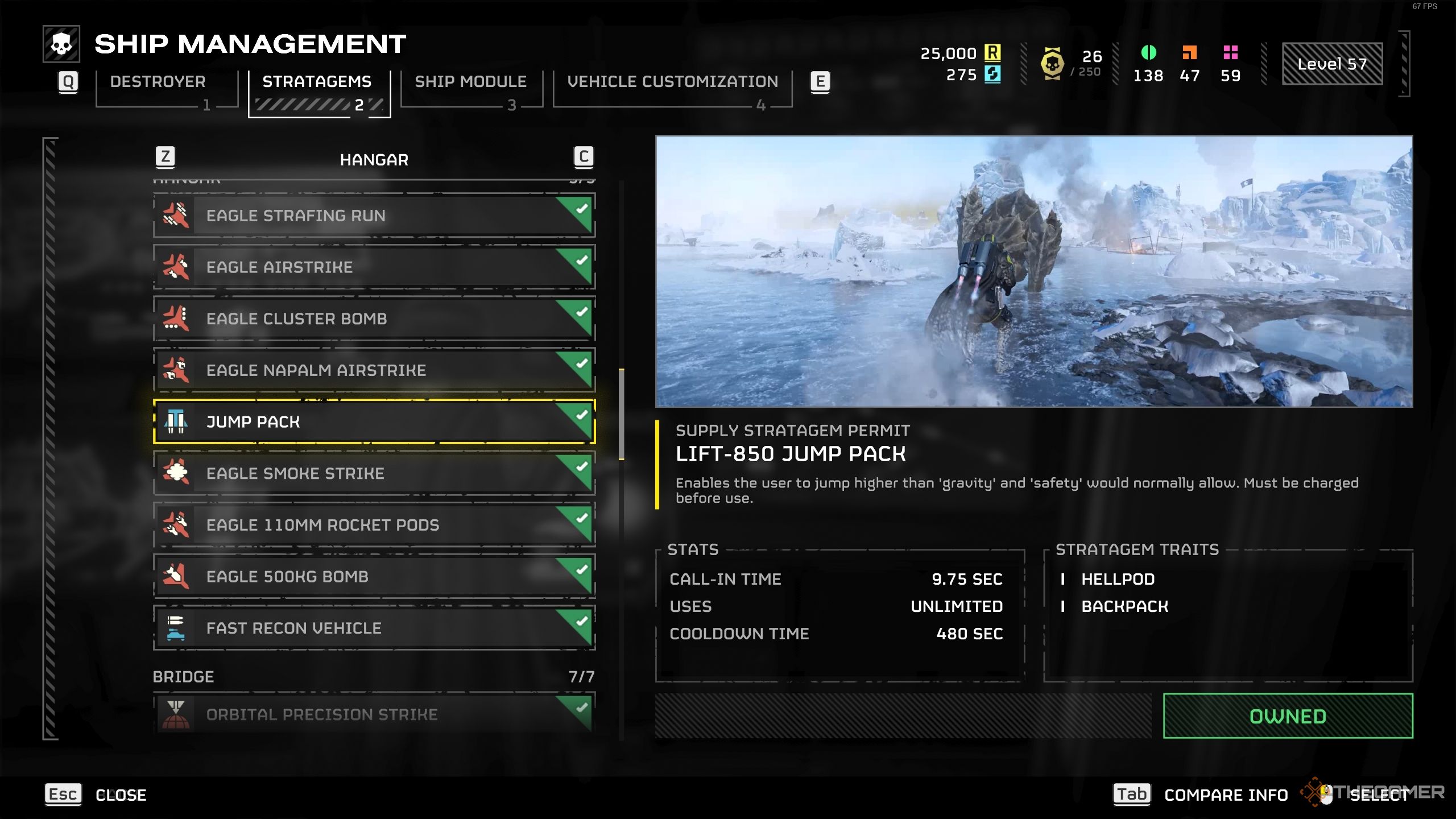 The Ship Management screen for the Jump Pack backpack stratagem in Helldivers 2.