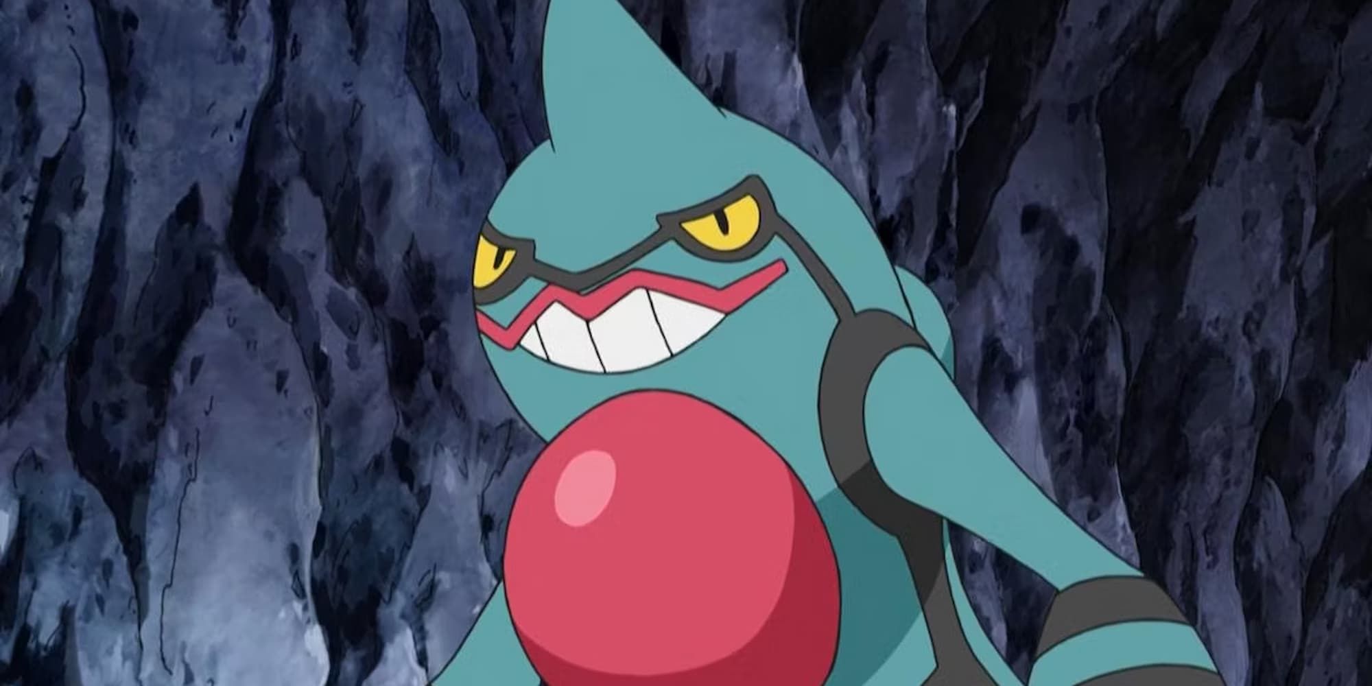 Toxicroak delivers a toothy smile while standing in a cave in Pokemon.