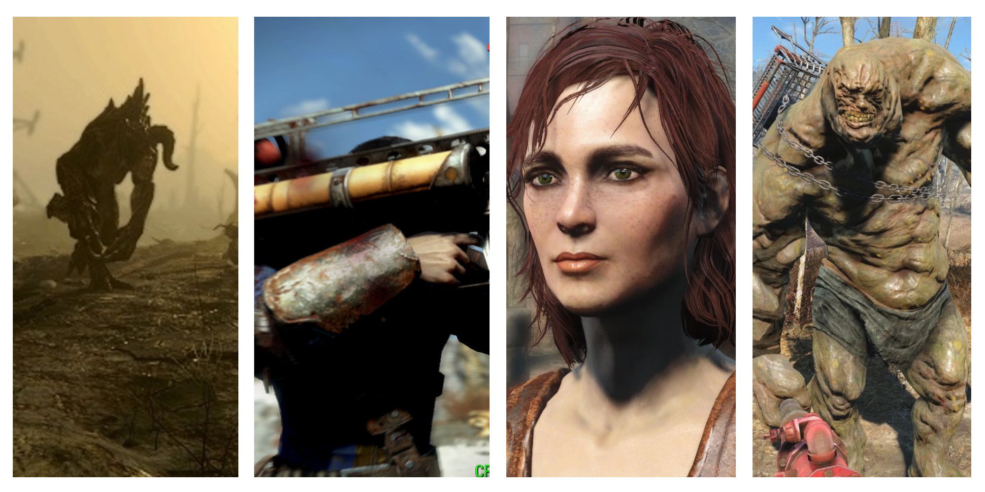 fallout deathclaw, a fat man, cait, and a super mutant behemoth