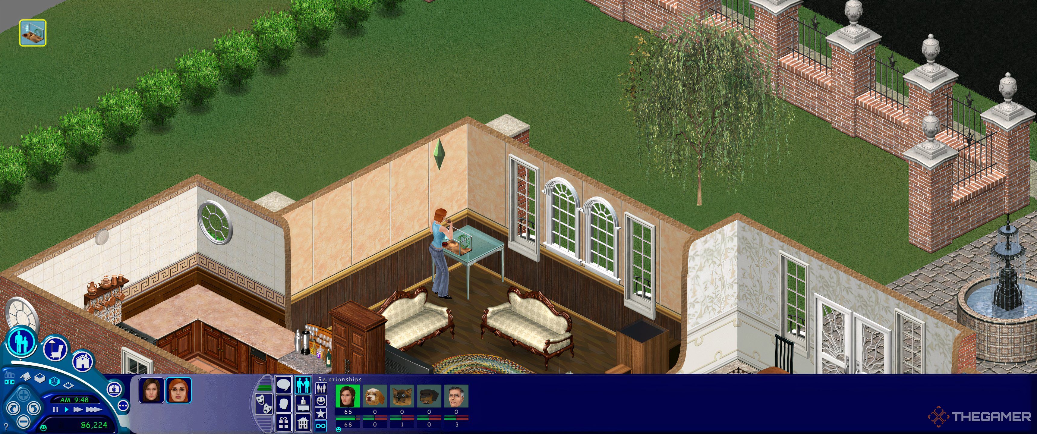 A sim petting her guinea pig.