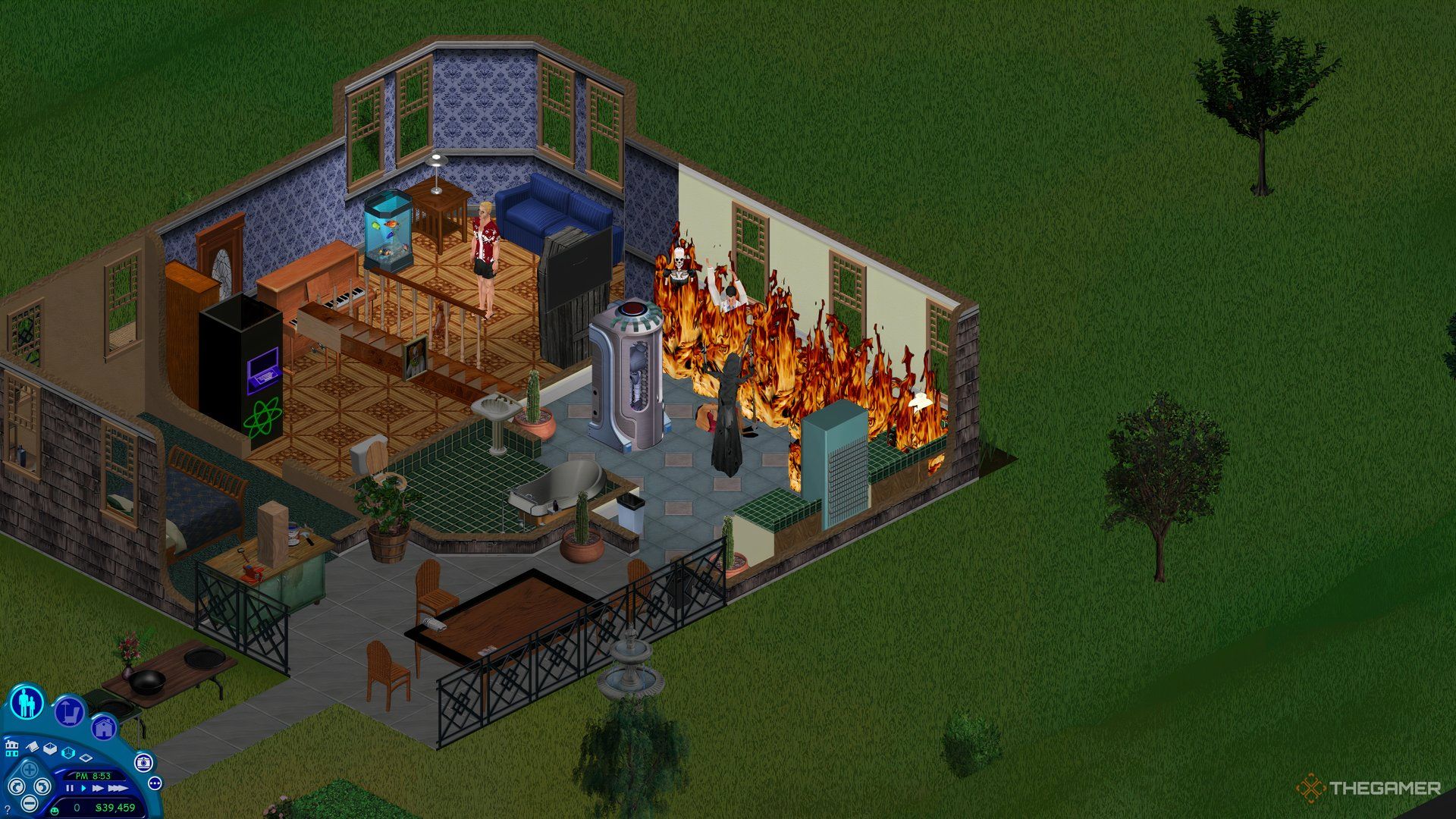 A fire in the Goth Manor in The Sims 1 featuring the Grim Reaper, Servo, and Bonehilda.
