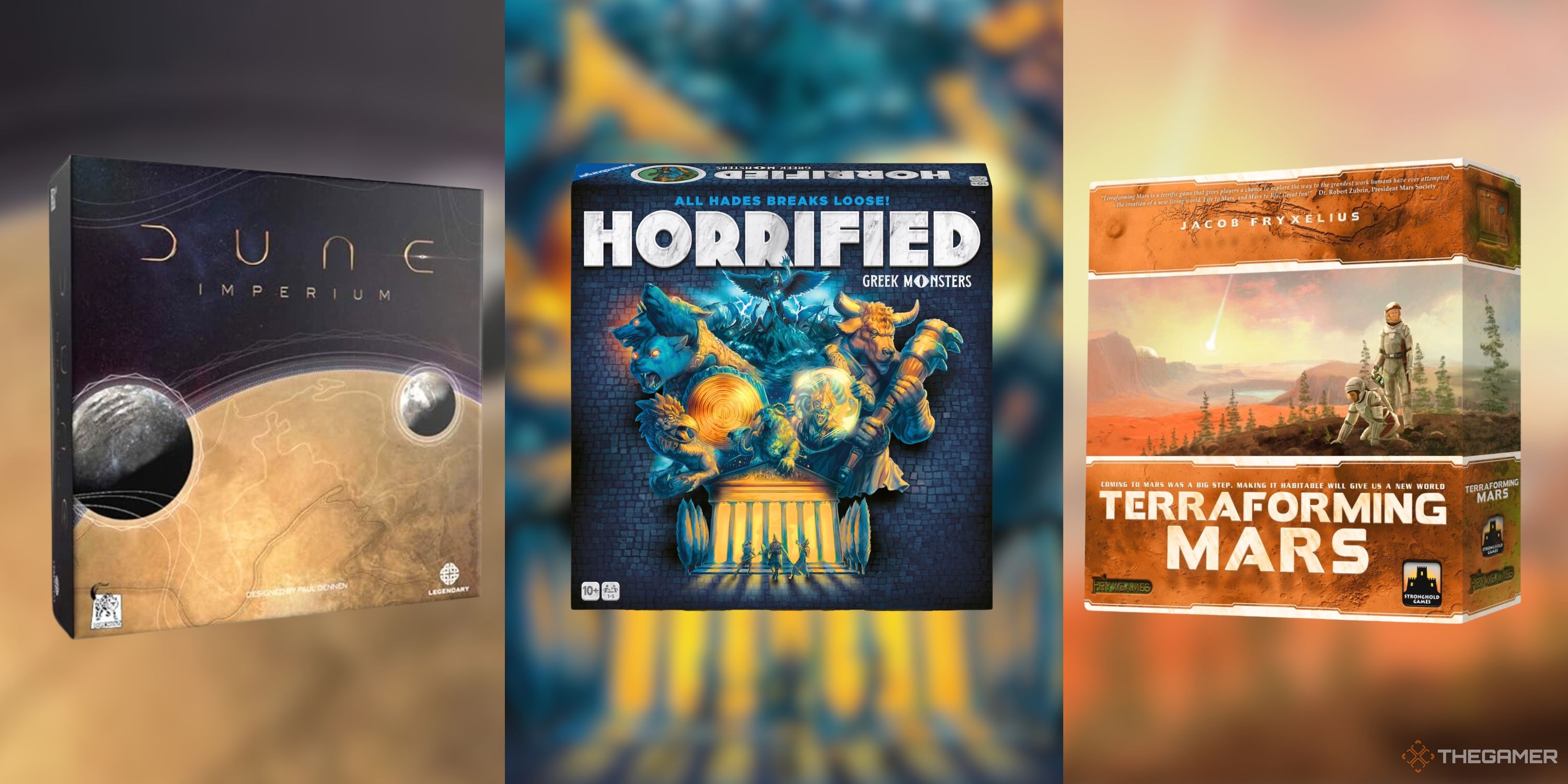 Collage image featuring three board games - Dune Imperium, Horrified, and Terraforming Mars